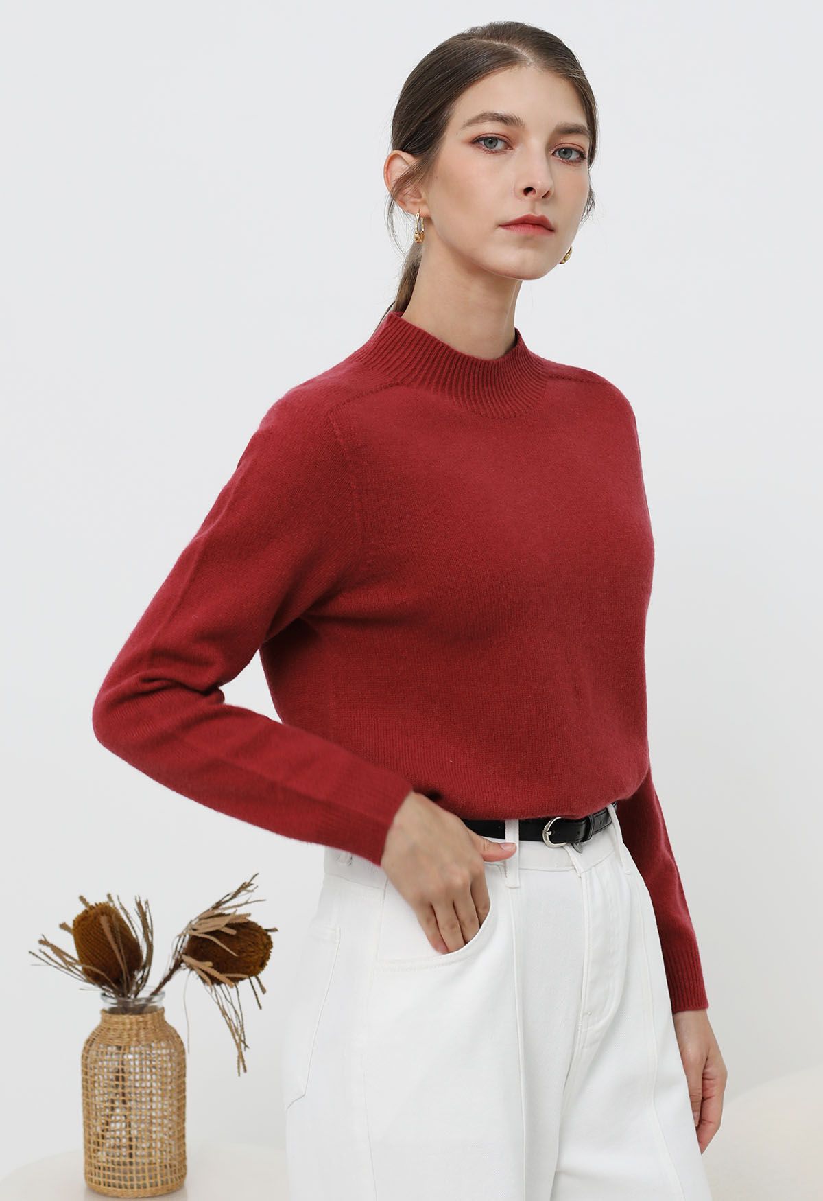 Heartwarming Mock Neck Long-Sleeve Wool Sweater in Red