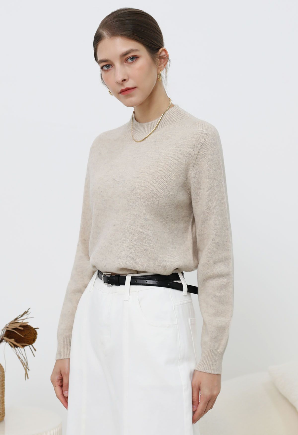 Heartwarming Mock Neck Long-Sleeve Wool Sweater in Linen