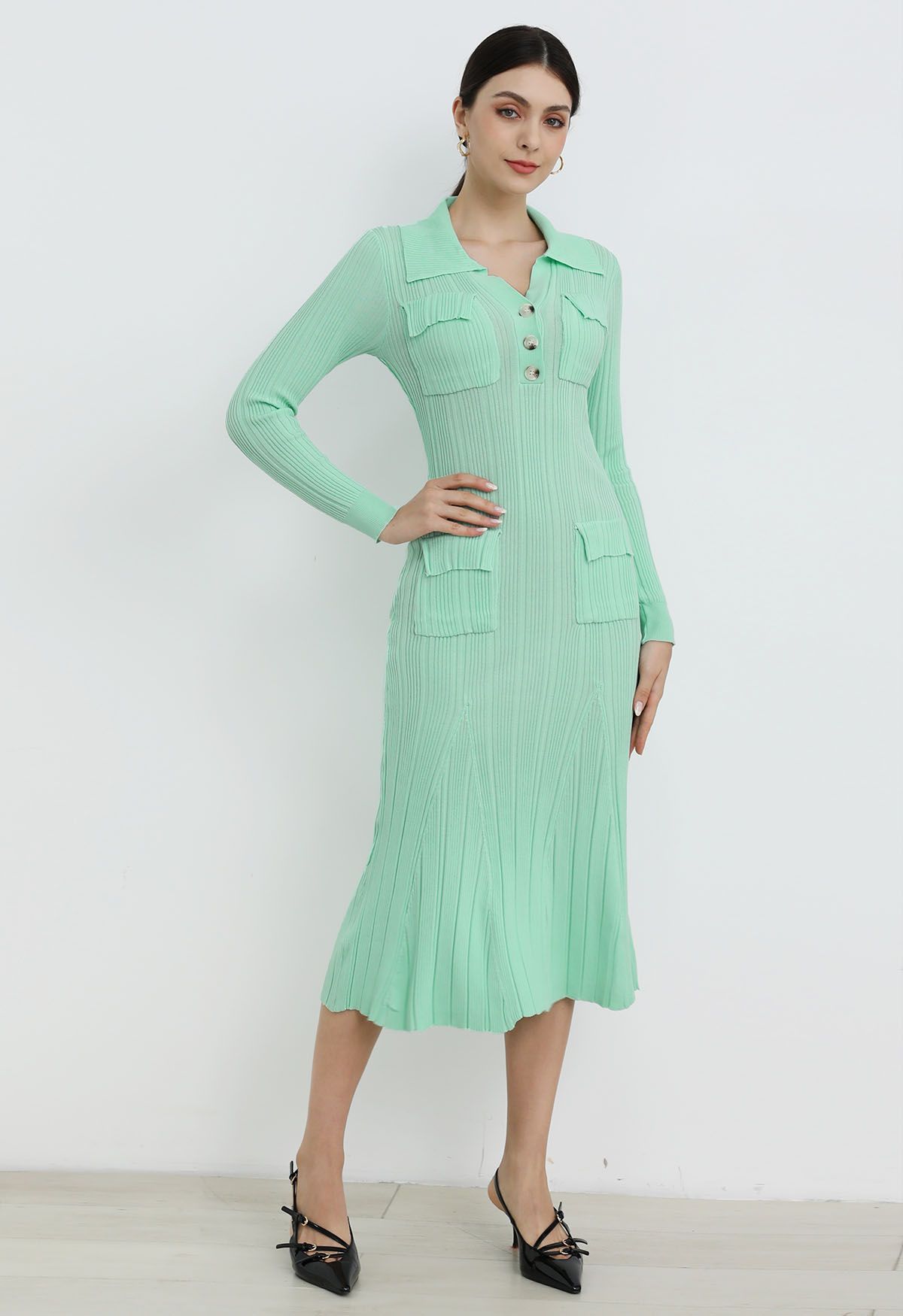 Relaxing Collared Flap Pocket Ribbed Knit Dress in Mint