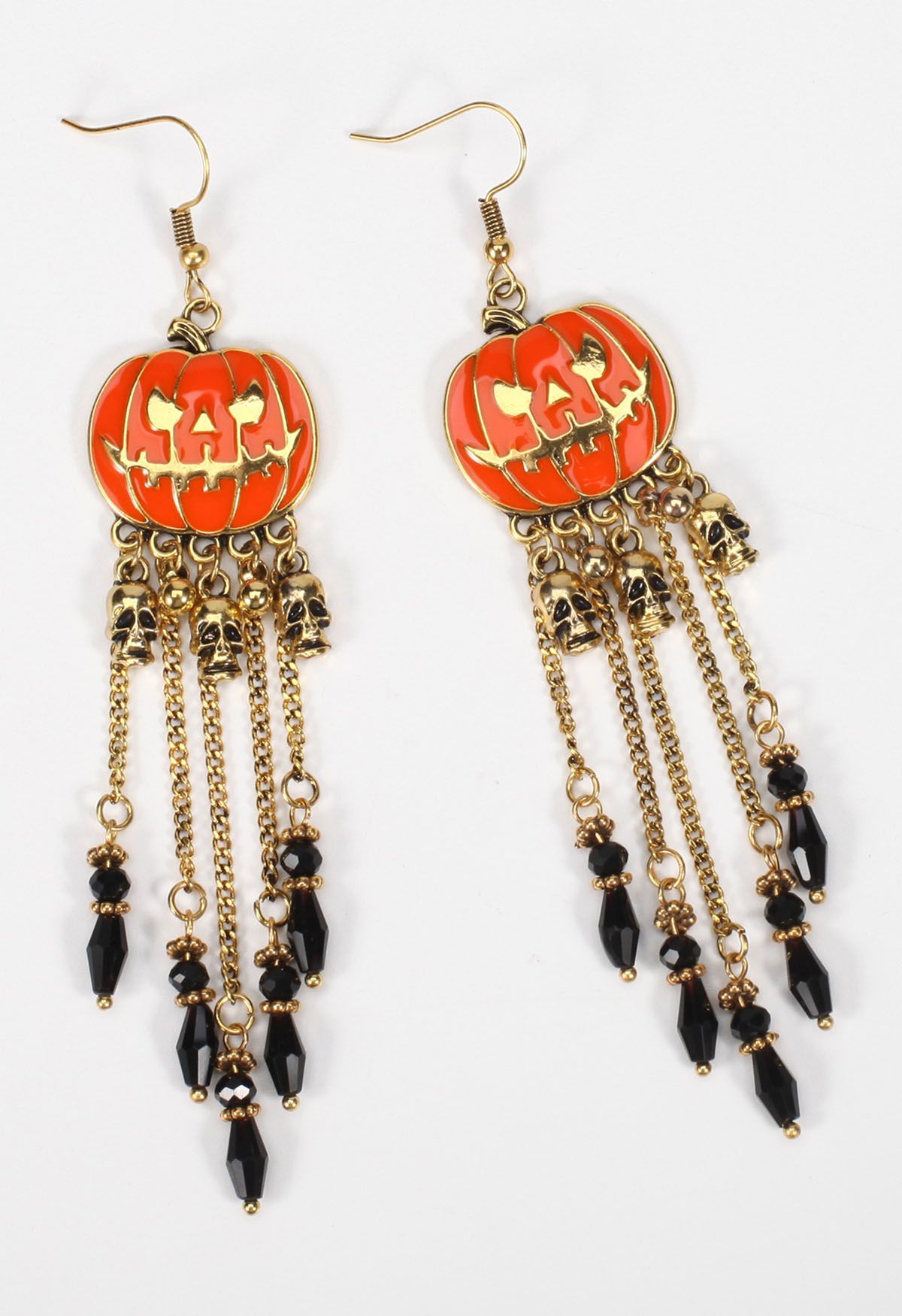 Spooky Pumpkin Skull Tassel Earrings