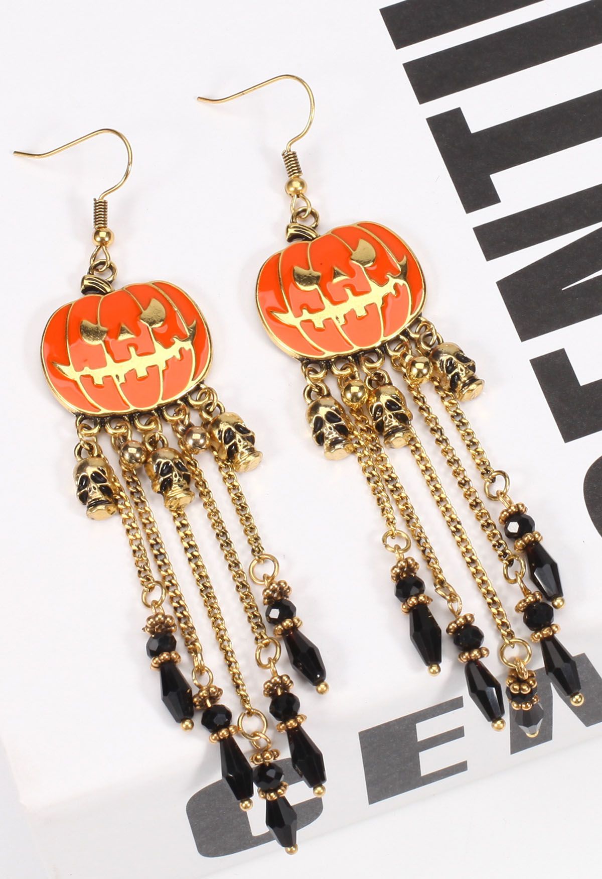 Spooky Pumpkin Skull Tassel Earrings