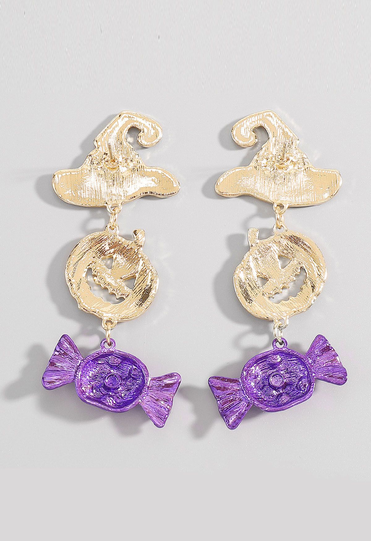 Witch Hat Pumpkin Candy Earrings in Purple