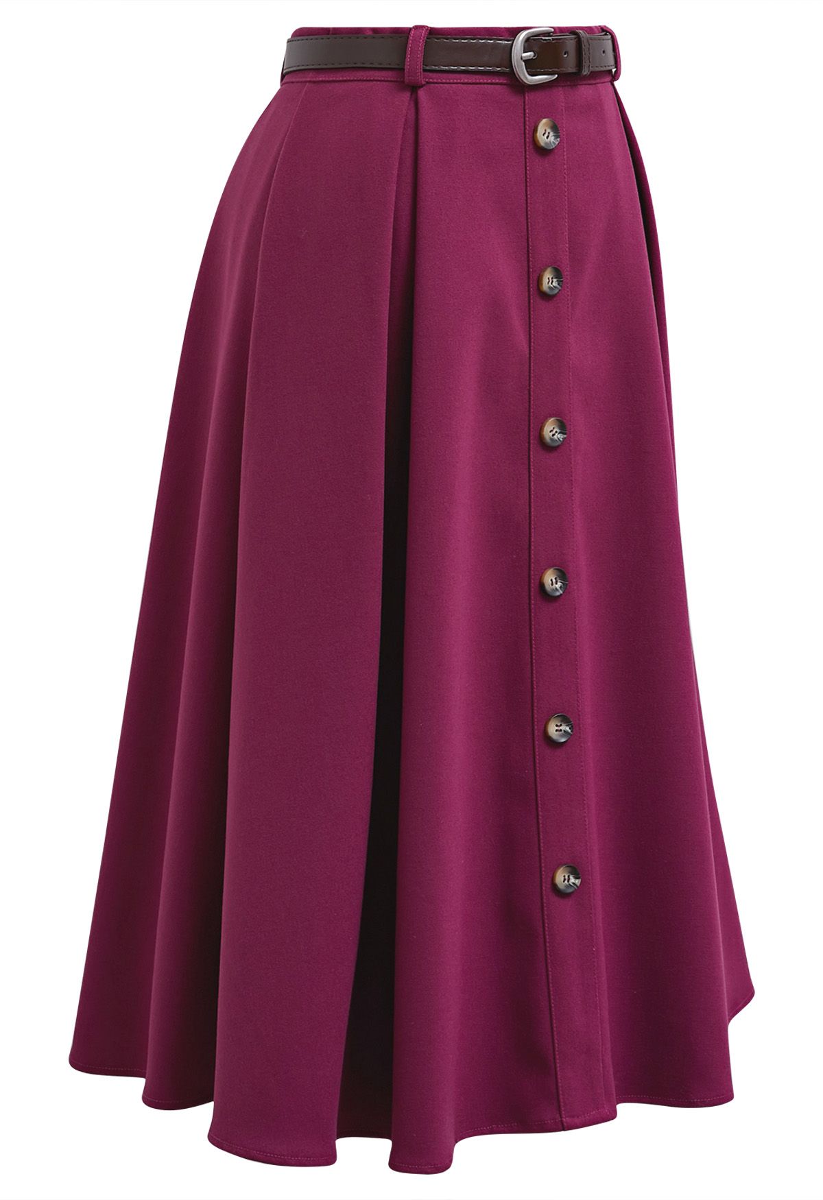 Vintage-Inspired Button Trim Pleated Midi Skirt in Berry