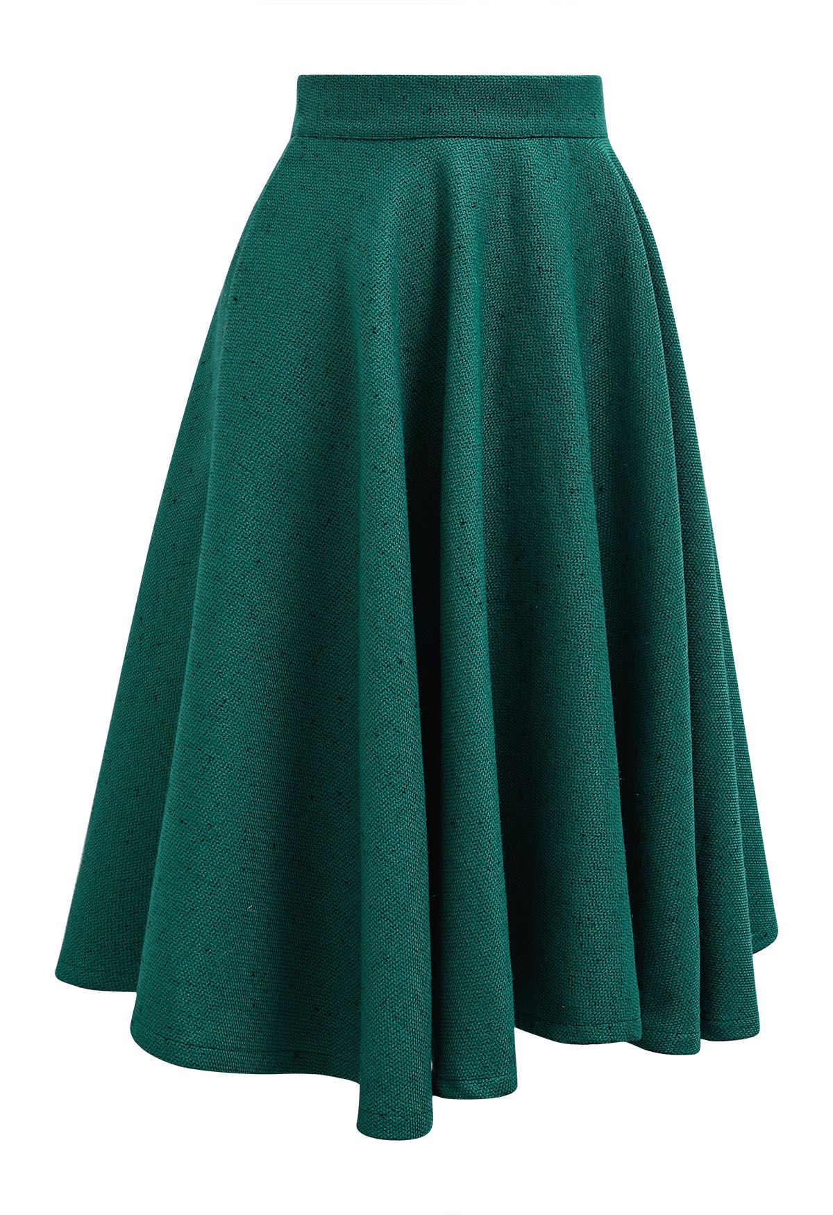 Autumn Edit Soft Tweed Flare Midi Skirt in Dark Green