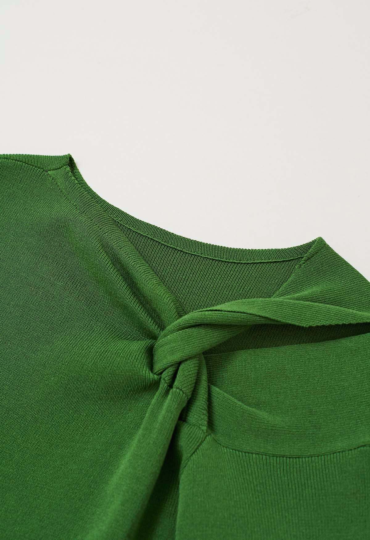 Knotted Shoulder Cutout Long-Sleeve Knit Top in Green