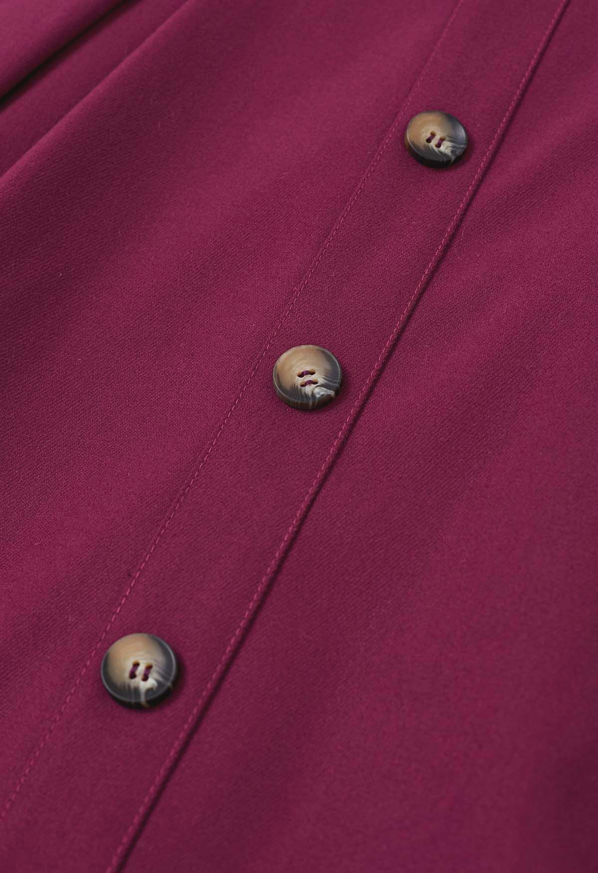 Vintage-Inspired Button Trim Pleated Midi Skirt in Berry