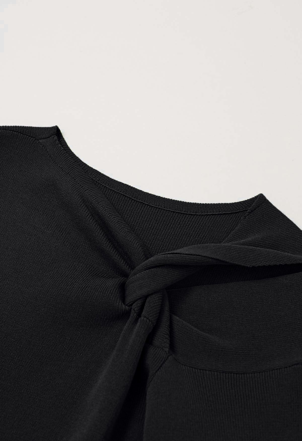 Knotted Shoulder Cutout Long-Sleeve Knit Top in Black