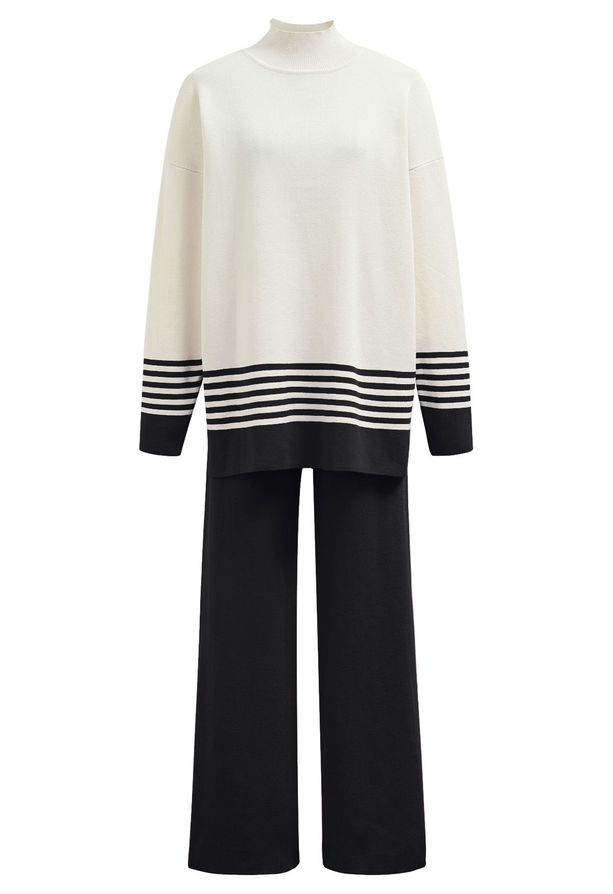 Two-Tone Striped Mock Neck Knit Sweater and Pants Set in Black