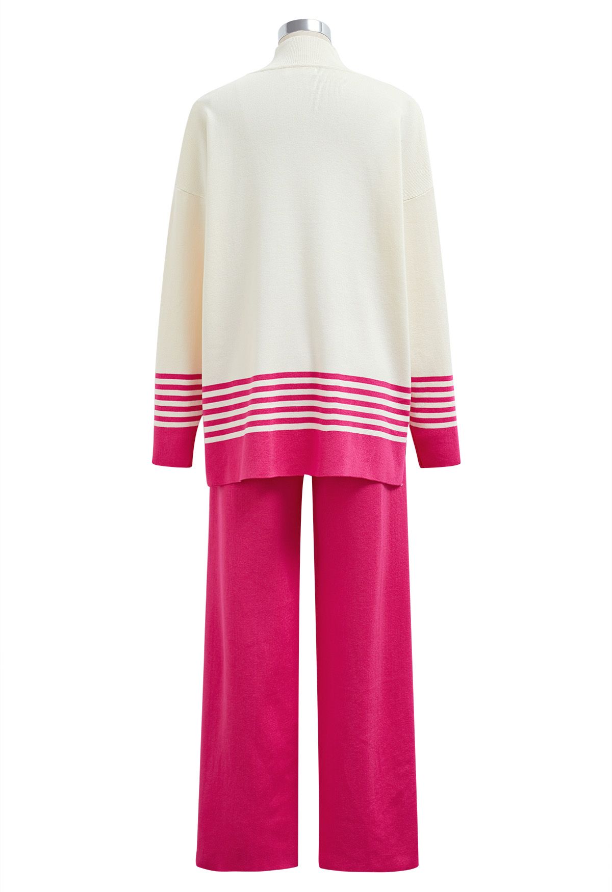 Two-Tone Striped Mock Neck Knit Sweater and Pants Set in Pink