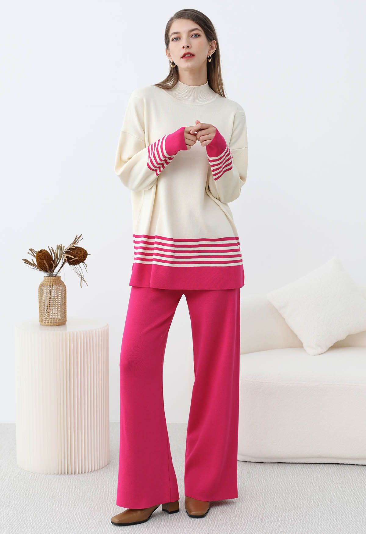 Two-Tone Striped Mock Neck Knit Sweater and Pants Set in Pink