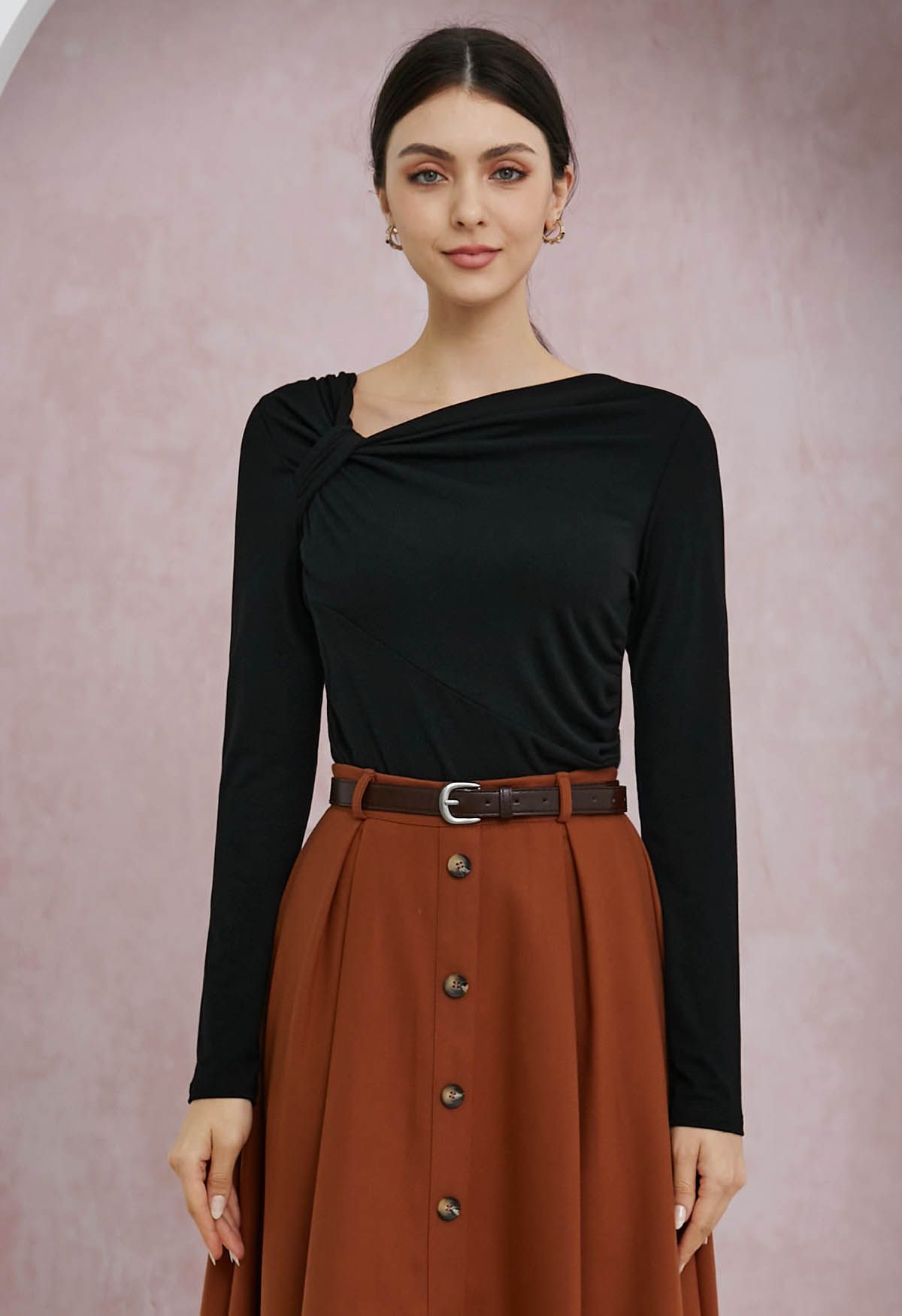 Side Knot Ruched Long-Sleeve Knit Top in Black