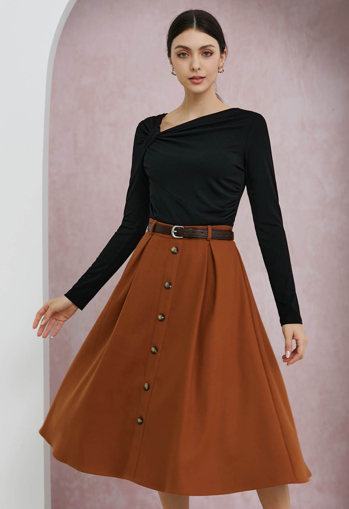 Vintage-Inspired Button Trim Pleated Midi Skirt in Pumpkin