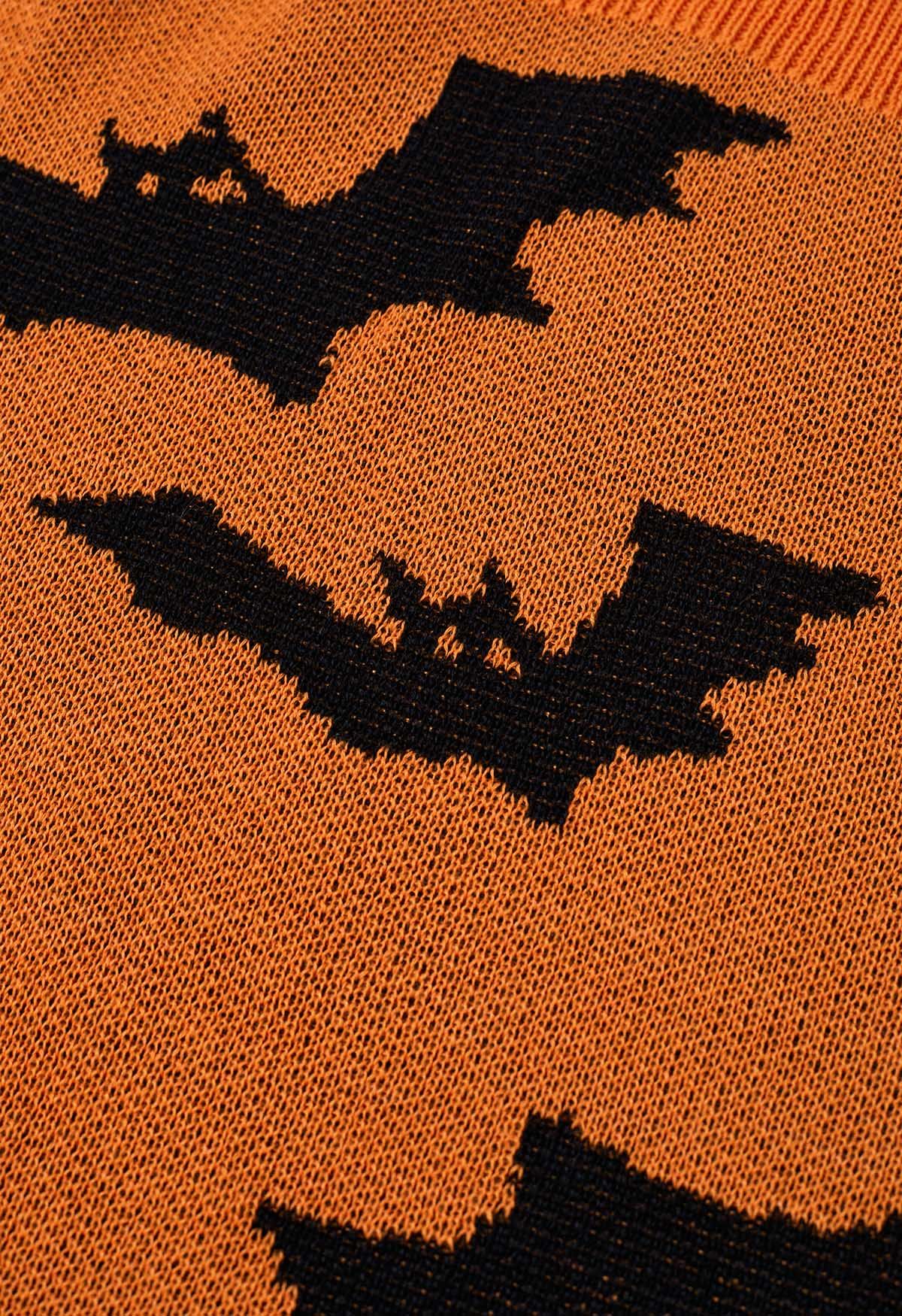 Spooky Bats Pattern Long-Sleeve Knit Sweater