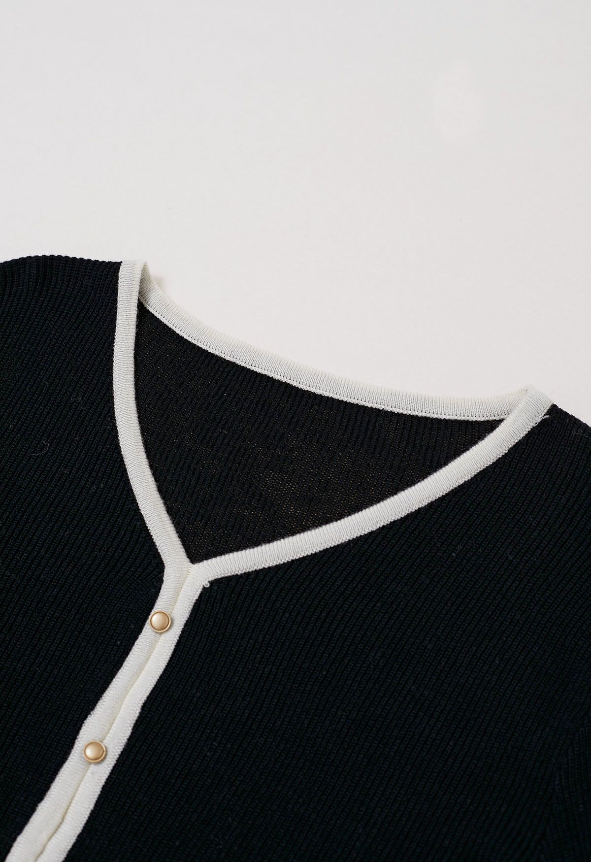 Button Trim Contrast Knit Cardigan in Black