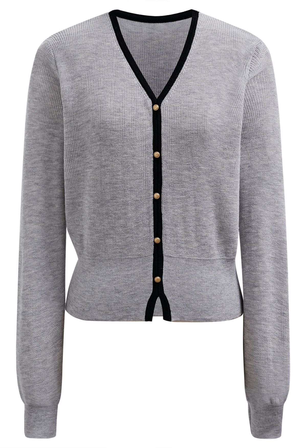 Button Trim Contrast Knit Cardigan in Grey