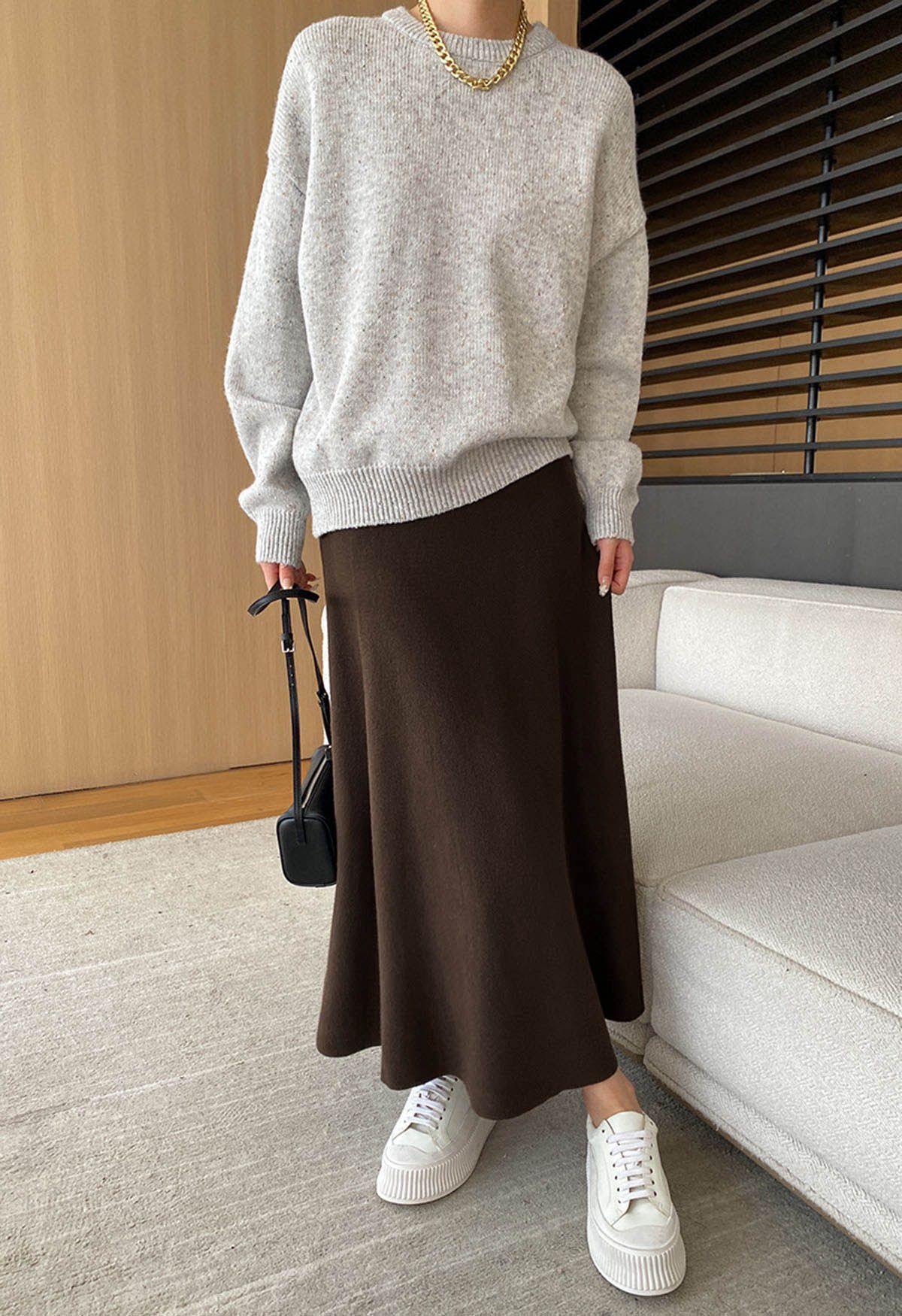 Solid Color A-Line Knit Midi Skirt in Brown