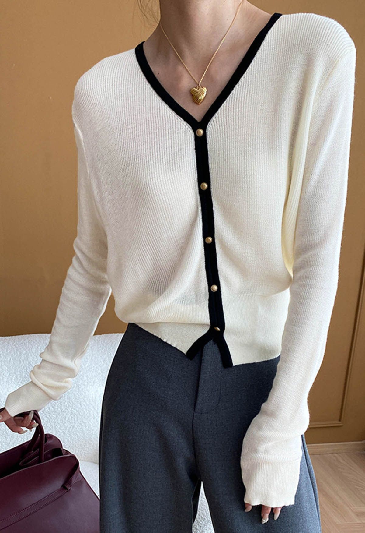 Button Trim Contrast Knit Cardigan in White