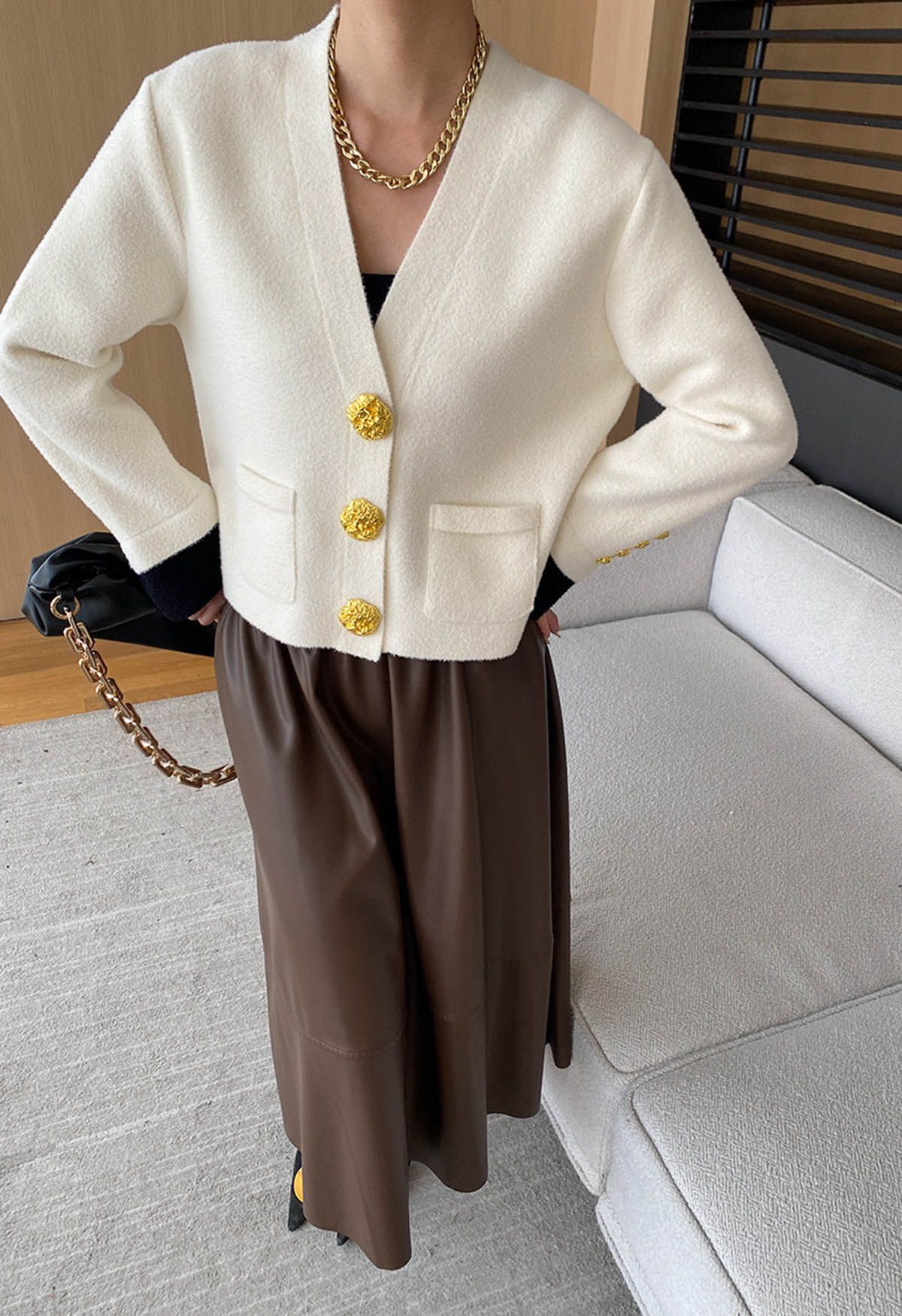 Eye-Catching Golden Stud Button Contrast Knit Cardigan in Ivory