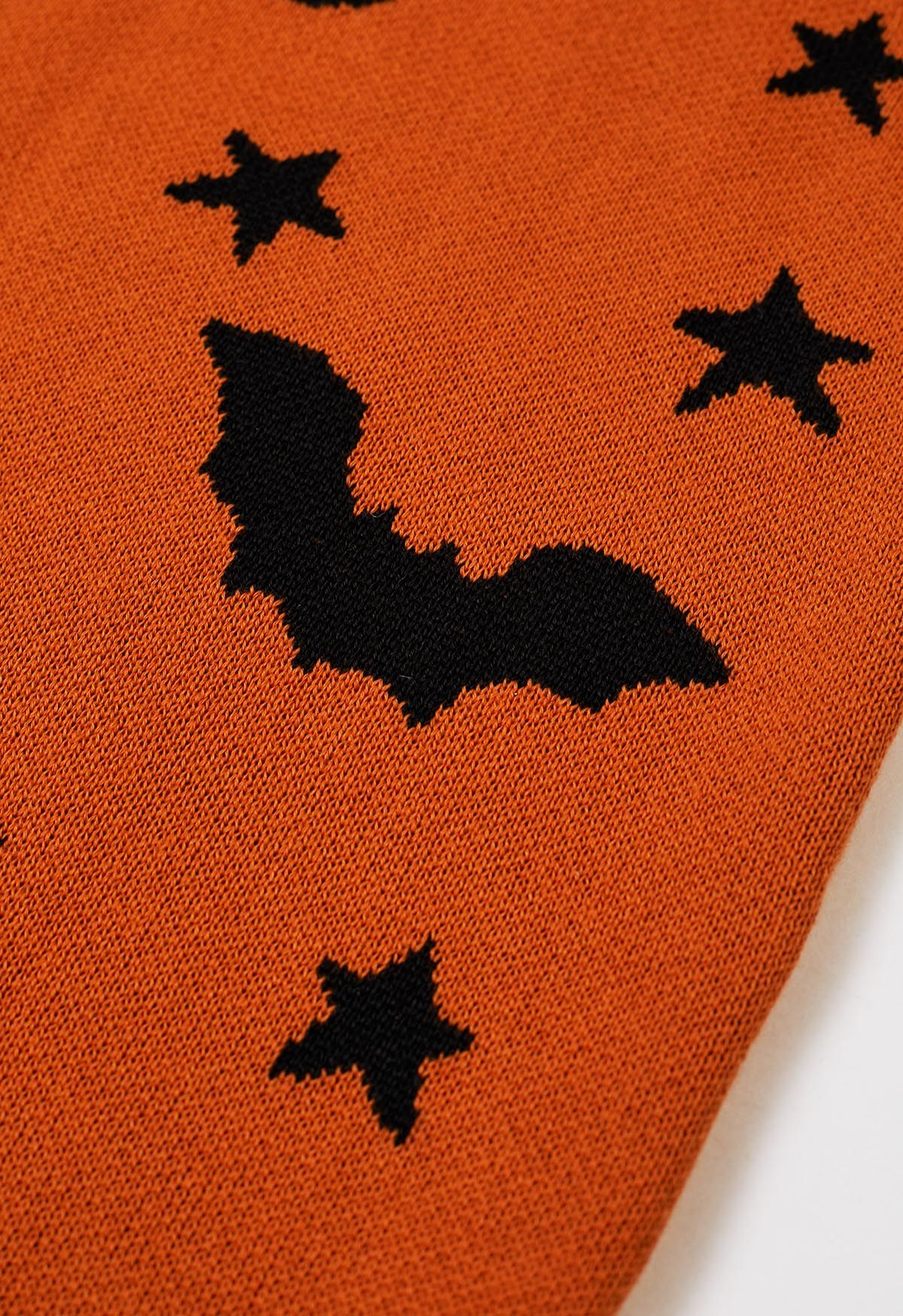 Moonlit Bats and Stars Open Front Knit Cardigan in Pumpkin