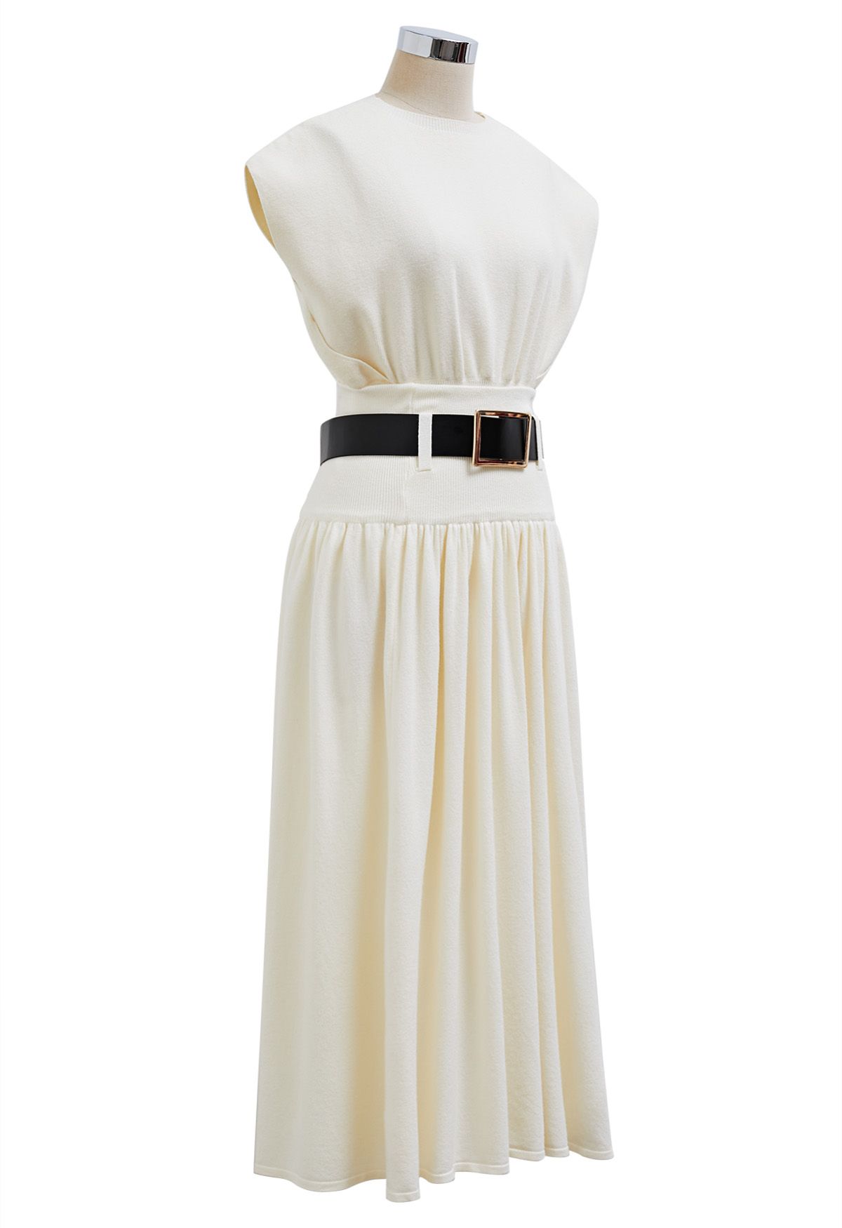 Gentle Knit Top and Belted High Waist Skirt Set in Cream