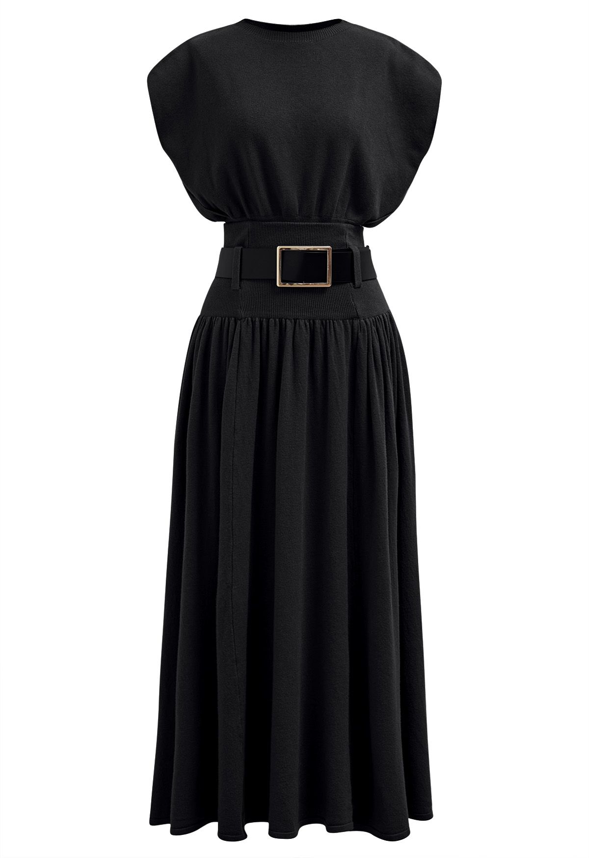 Gentle Knit Top and Belted High Waist Skirt Set in Black