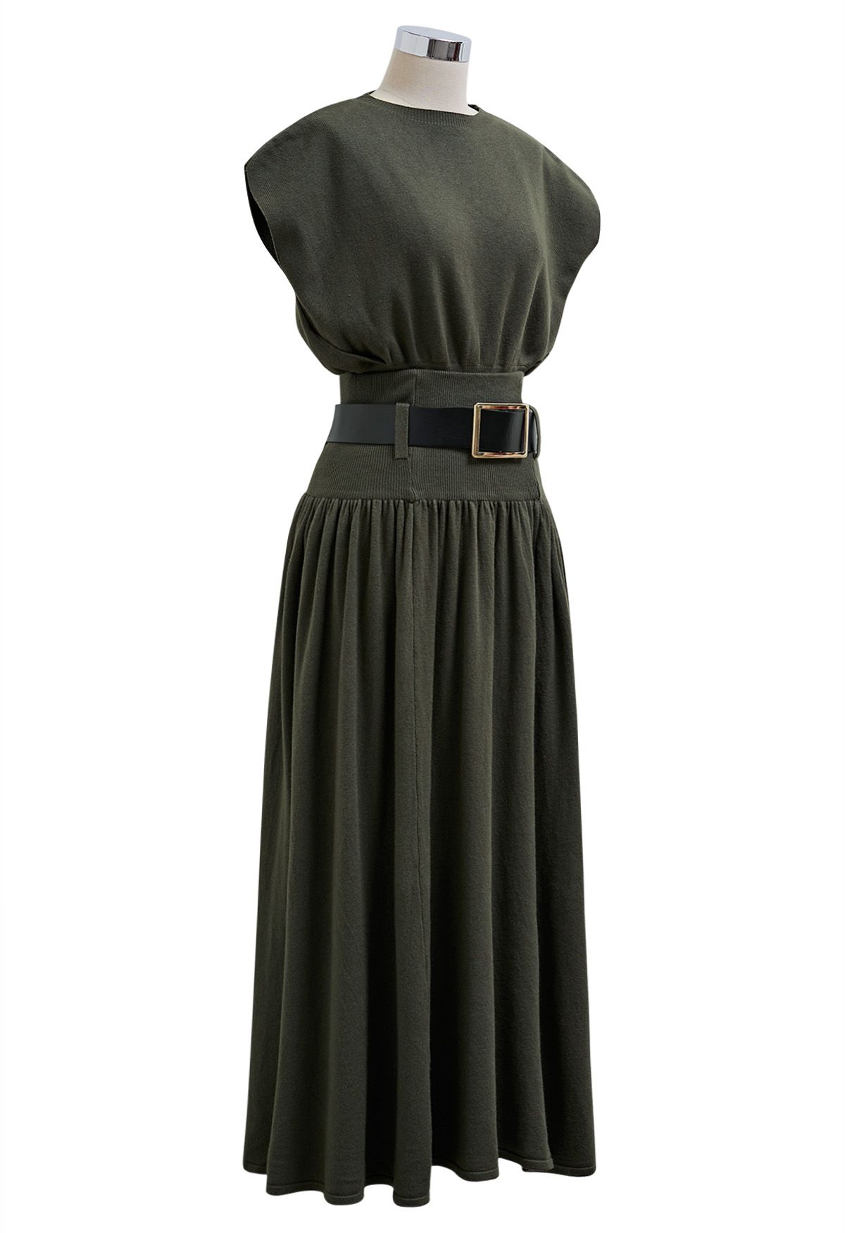 Gentle Knit Top and Belted High Waist Skirt Set in Army Green