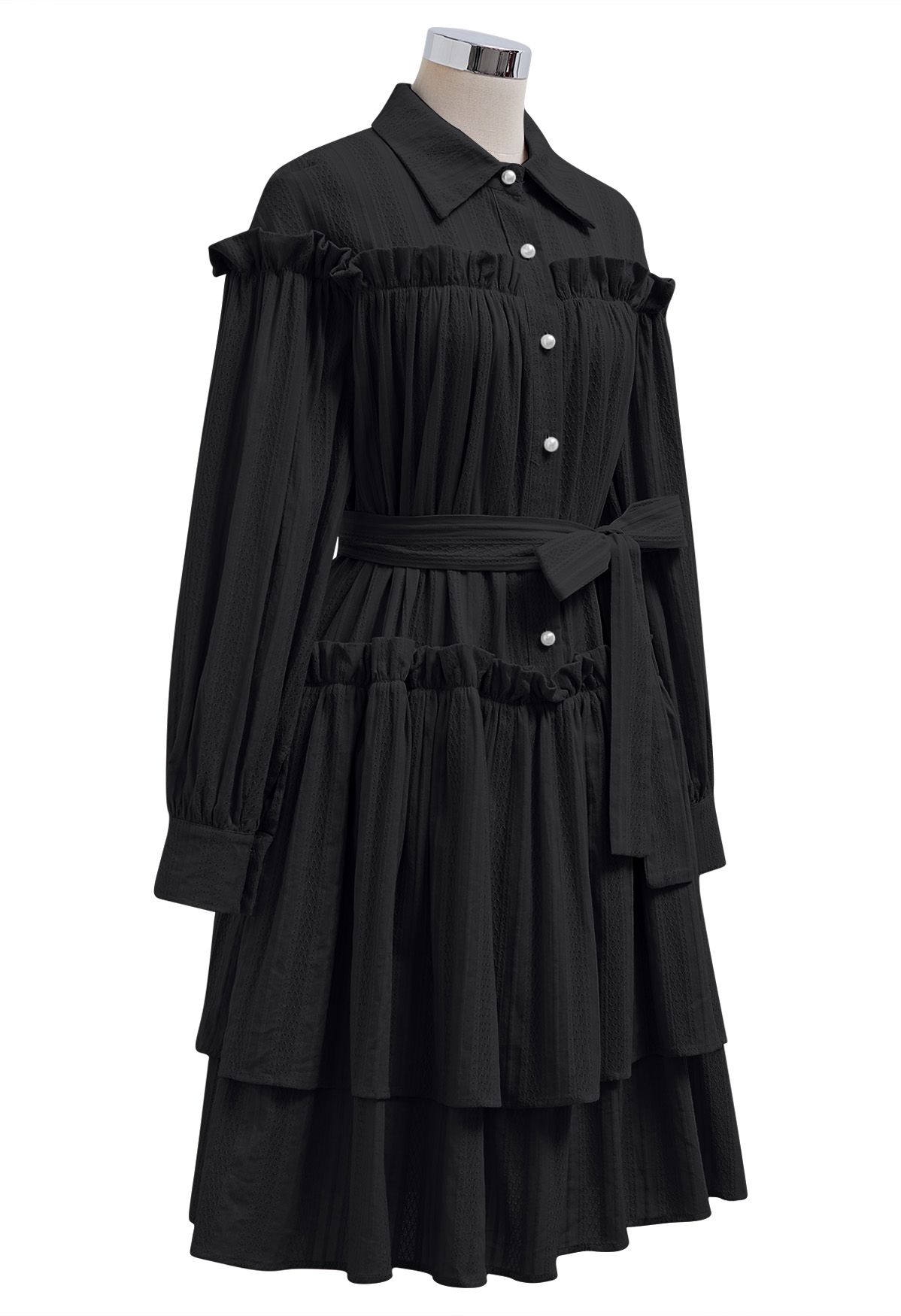 Ruffles Tiered Buttoned Belted Dolly Dress in Black