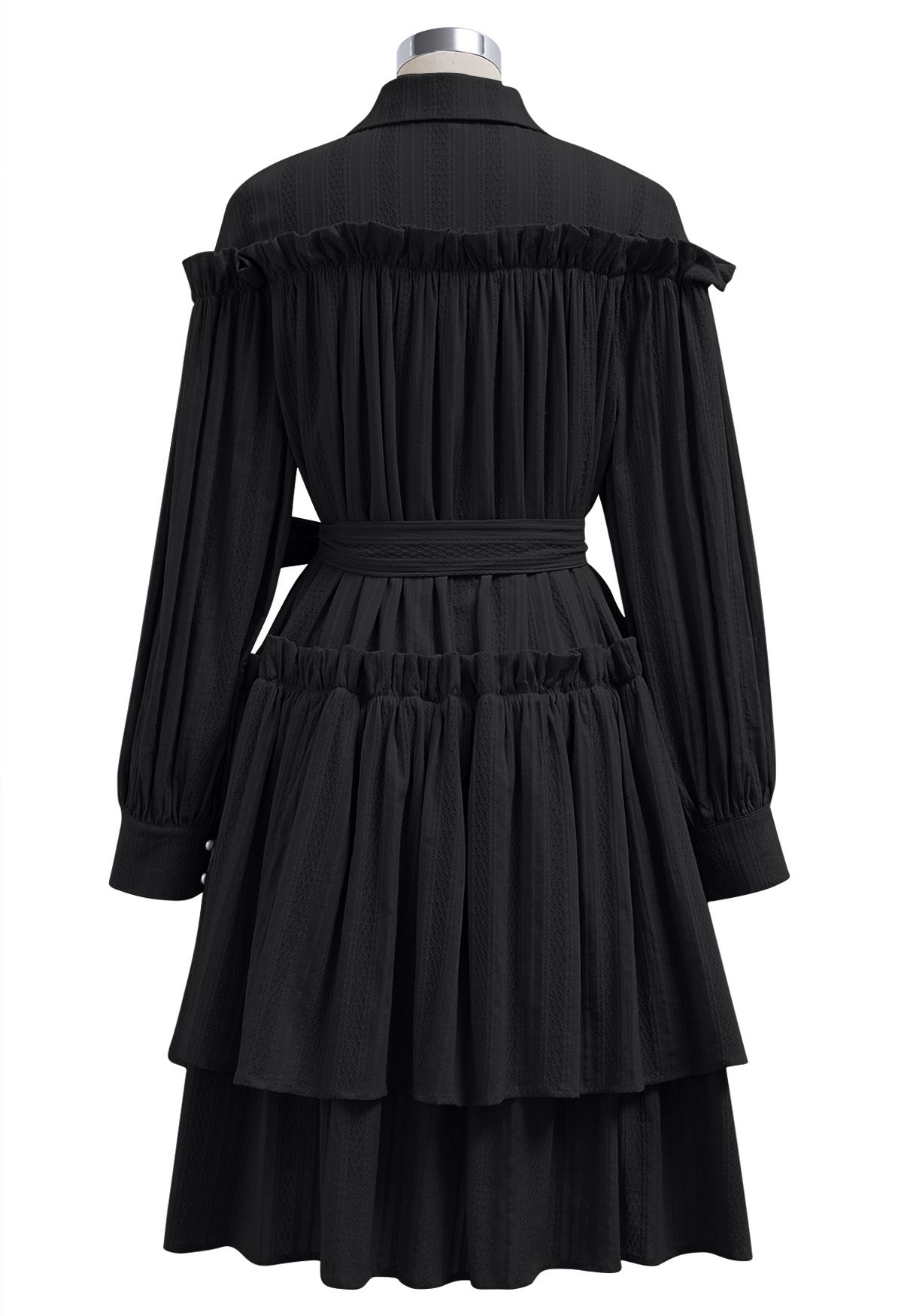 Ruffles Tiered Buttoned Belted Dolly Dress in Black