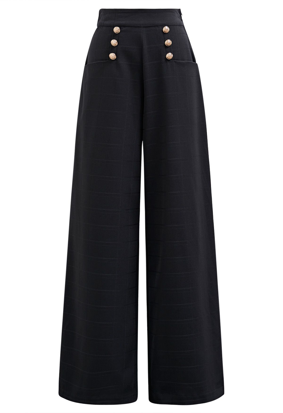 Grid Print Button Decor Straight-Leg Pants in Black