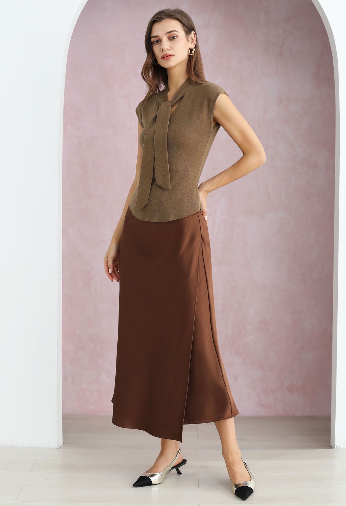 Satin Elegance Front Flap Maxi Skirt in Caramel