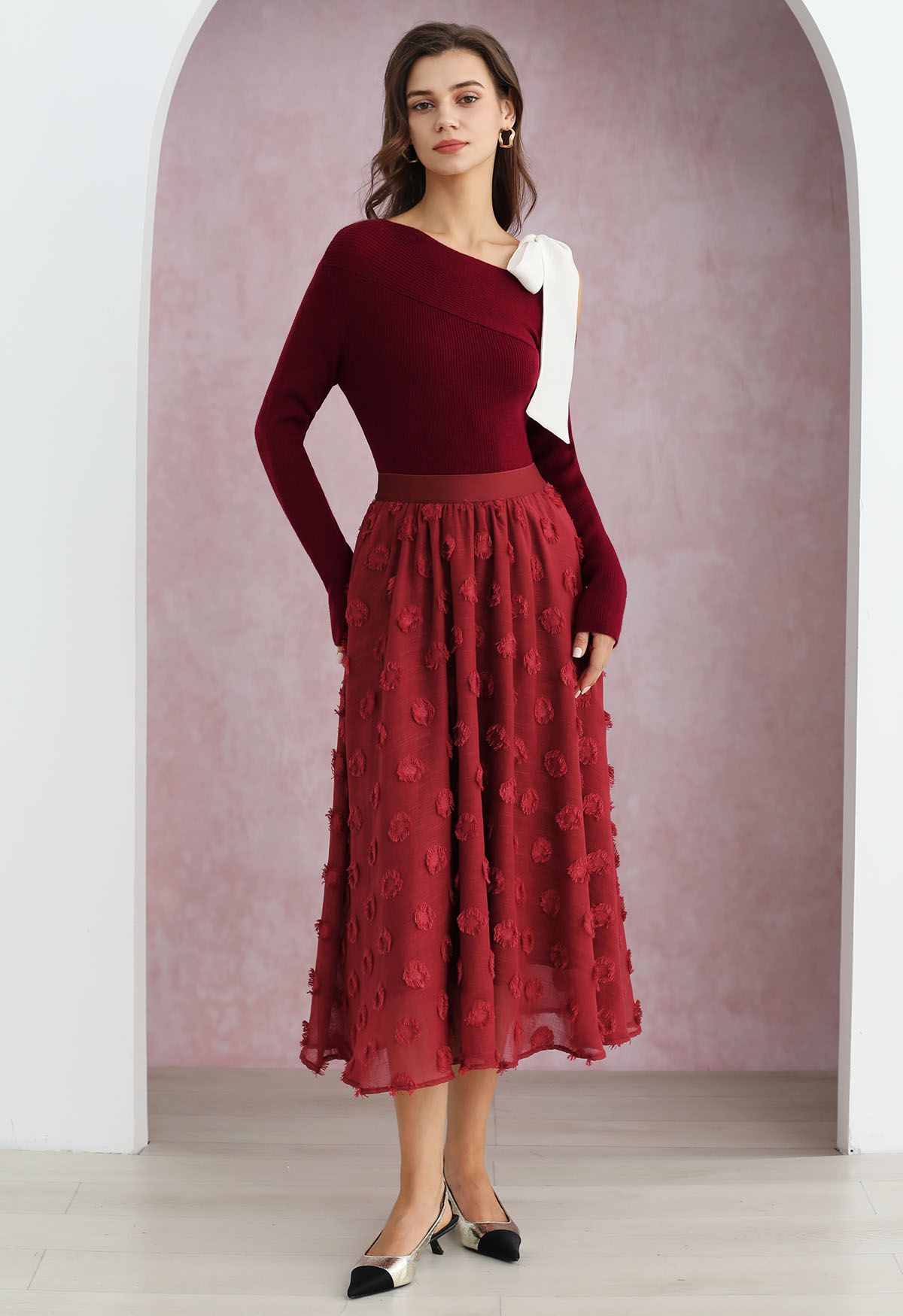 Tassel Spots Elastic Midi Skirt in Red