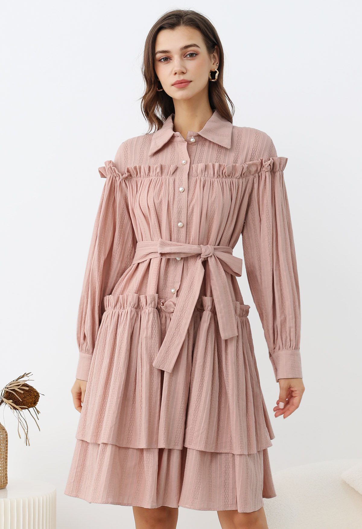 Ruffles Tiered Buttoned Belted Dolly Dress in Pink