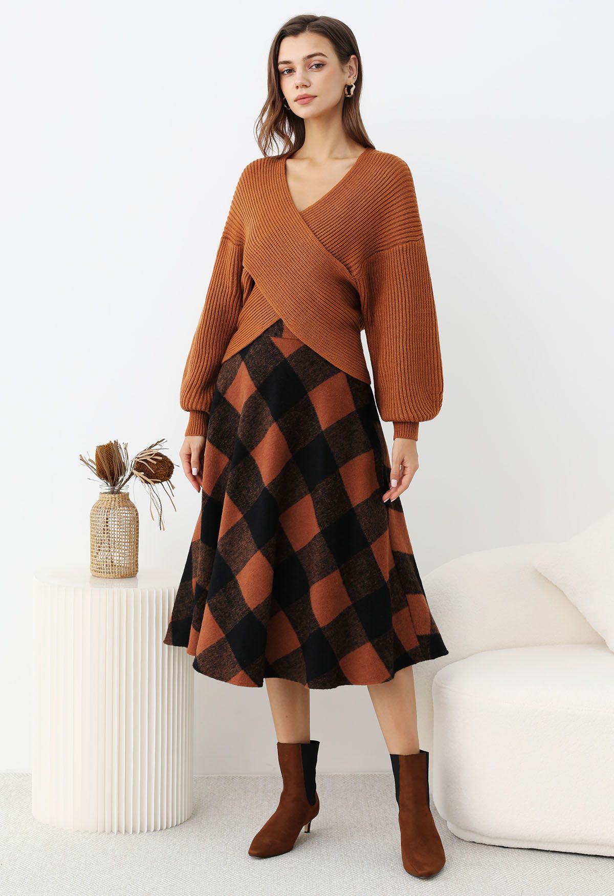 Rustic Fall Charm Check Flare Skirt