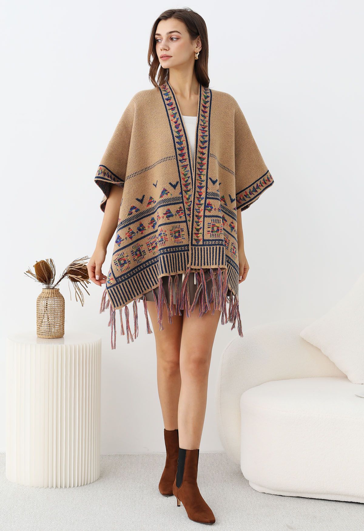 Boho Wanderer Fringed Knit Poncho in Camel