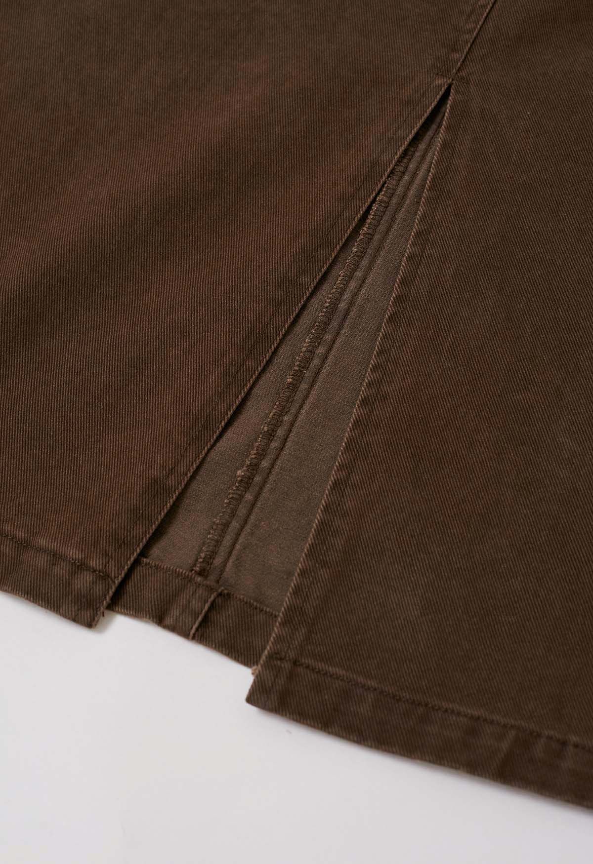 Utility Chic Belted Pocket Trim Denim Skirt in Brown