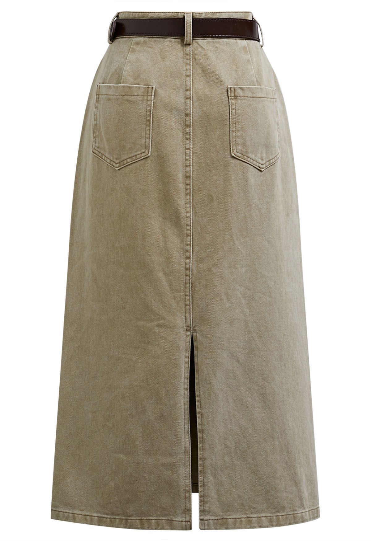 Utility Chic Belted Pocket Trim Denim Skirt in Sand