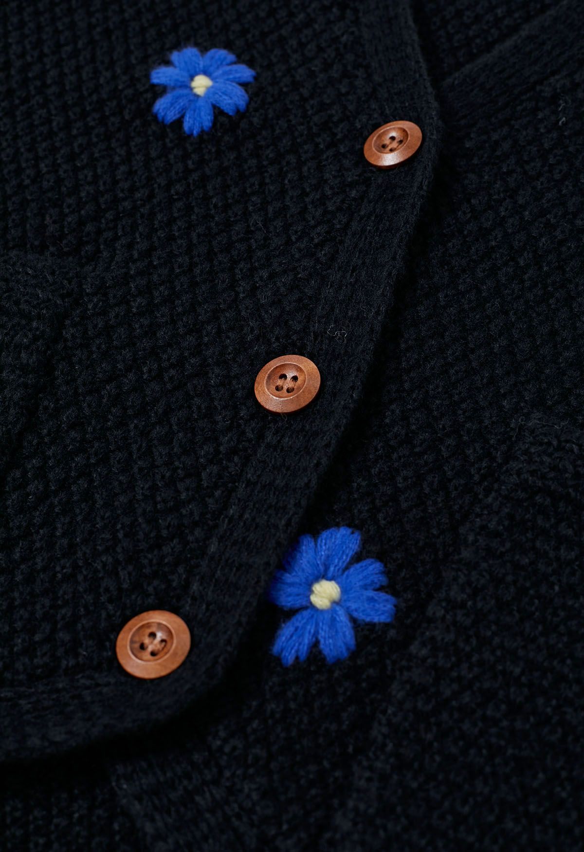 Endearing Stitch Flower Waffle Knit Cardigan in Black