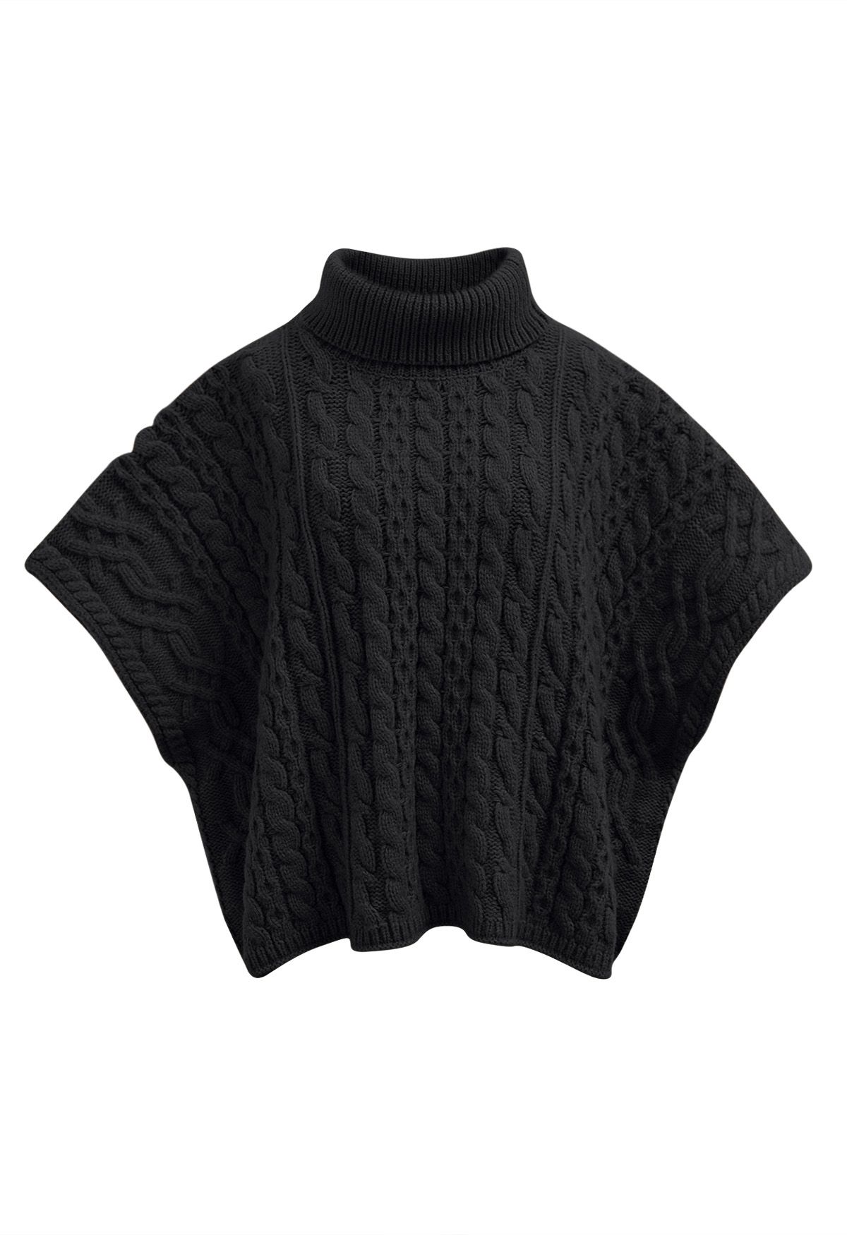 Warmth Turtleneck Cable Knit Cape Sweater in Black