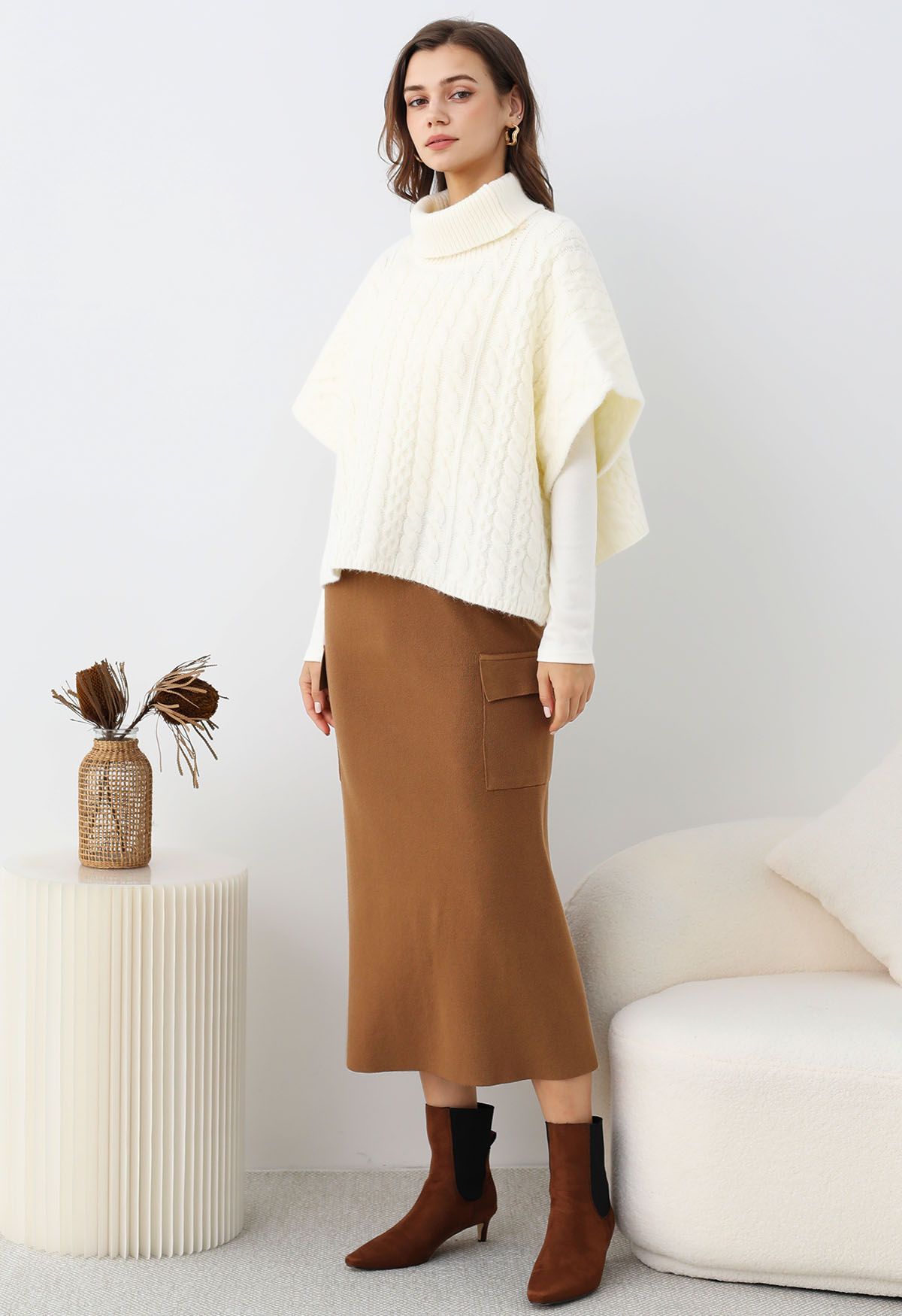 Fake Pocket Stylish Tie-Waist Knit Skirt in Caramel