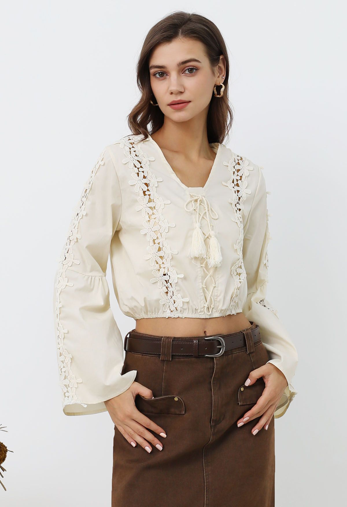 Swaying Flower Hollow Out Lace-Up Crop Top