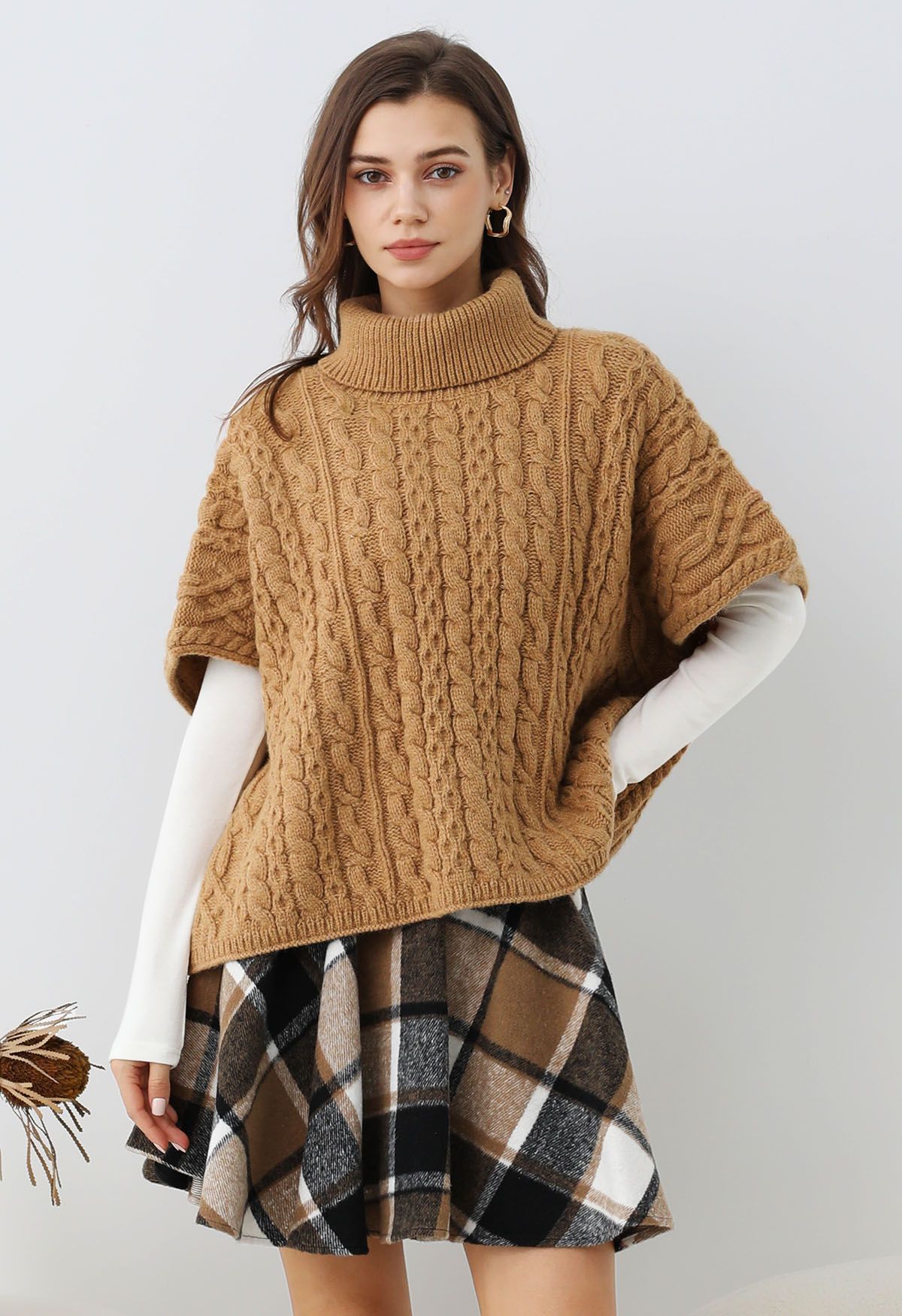 Warmth Turtleneck Cable Knit Cape Sweater in Camel