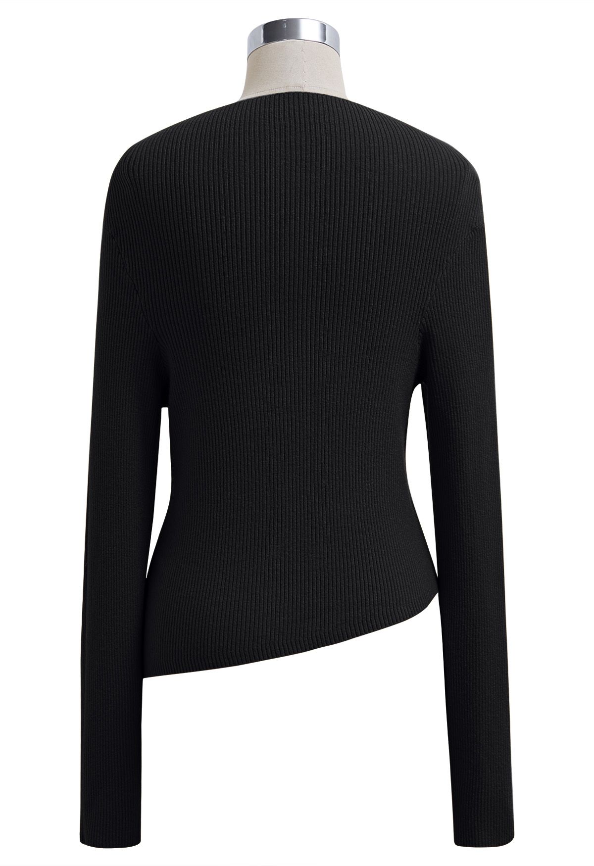 Slanted Hem Ribbed Knit Top in Black