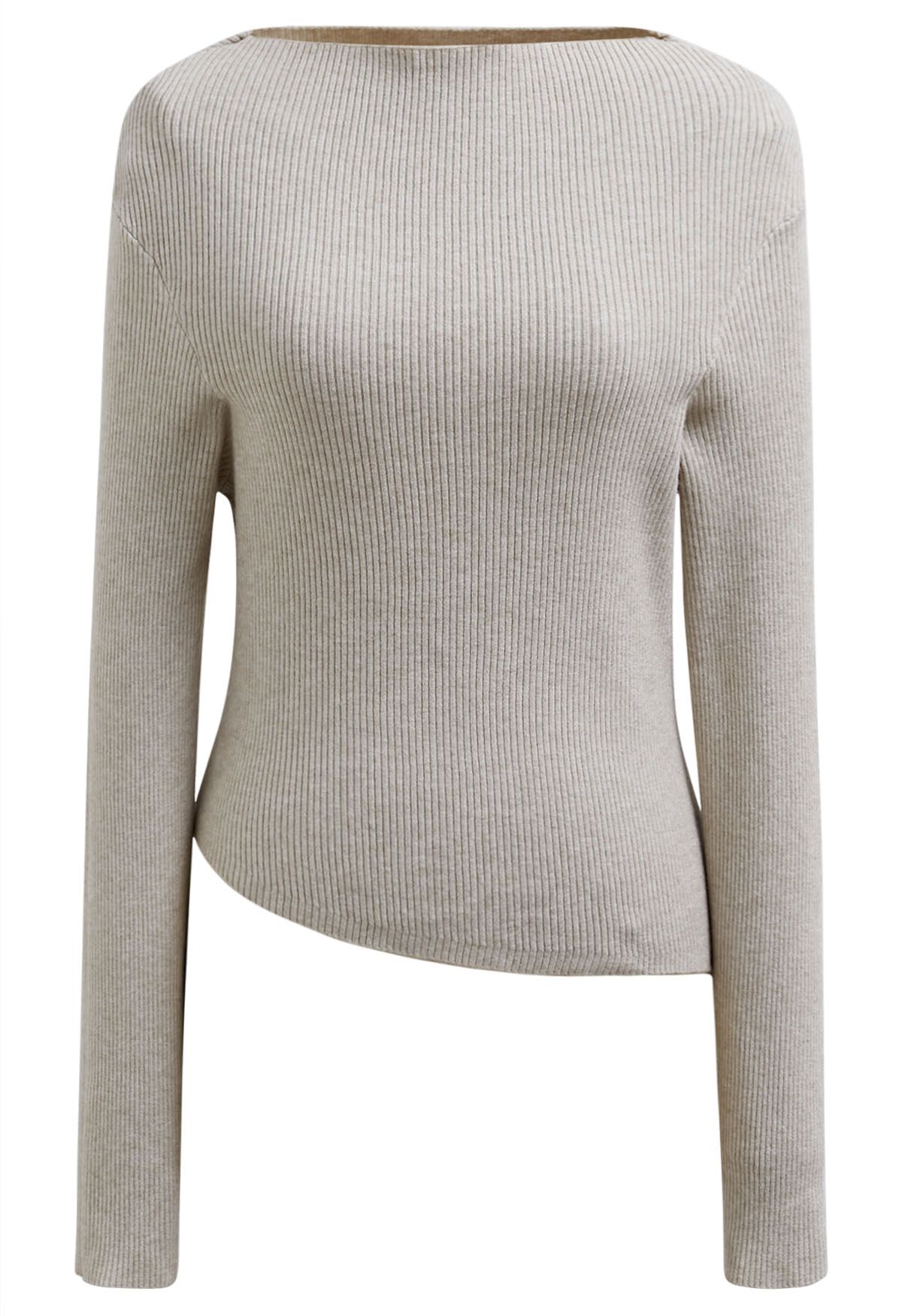 Slanted Hem Ribbed Knit Top in Oatmeal