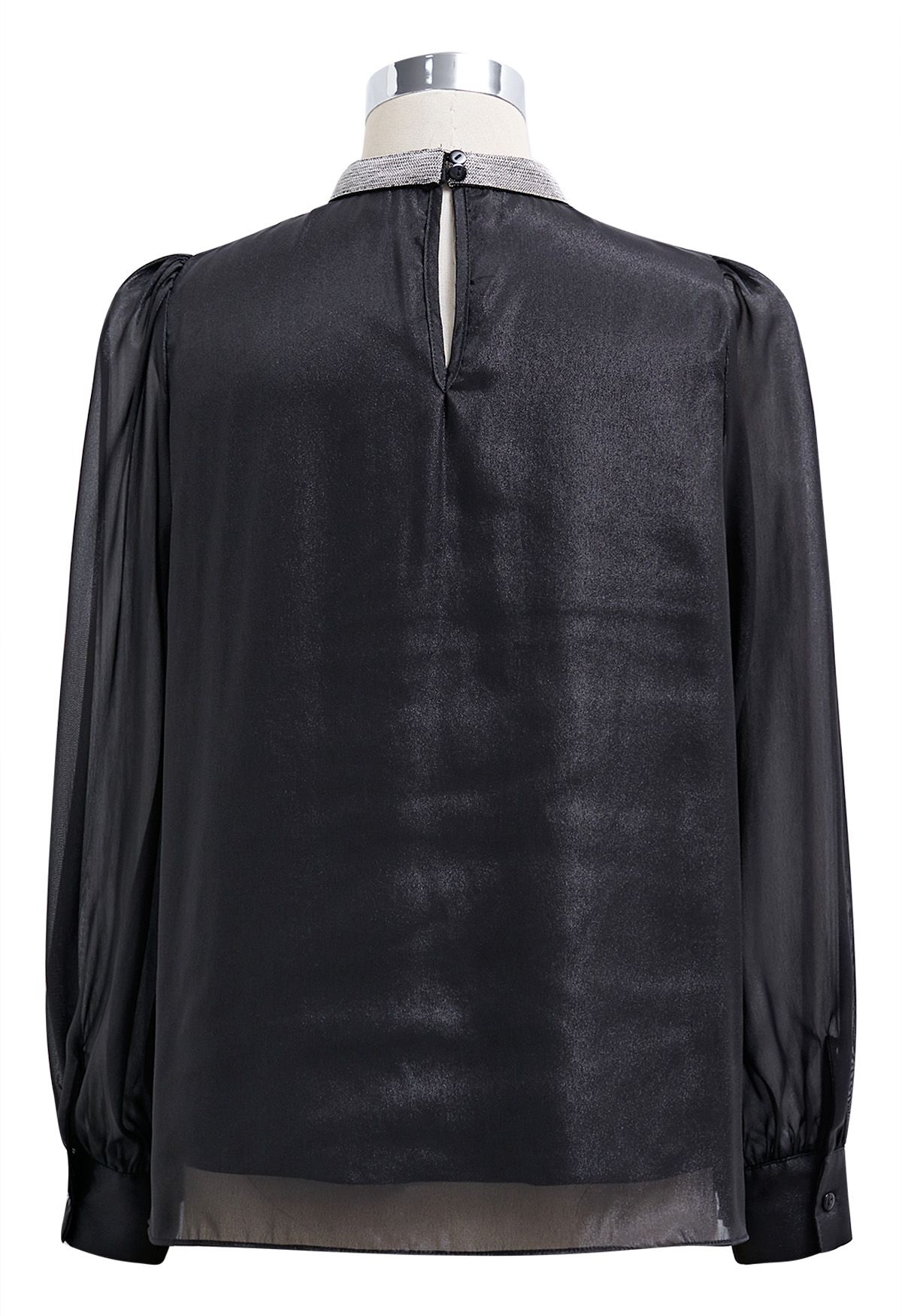 Sparkling Beaded Neckline Sheer Top in Black