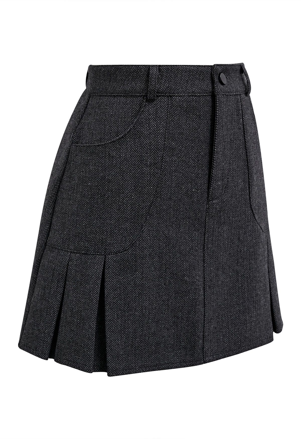 Herringbone Pocket Pleated Hem Mini Skirt