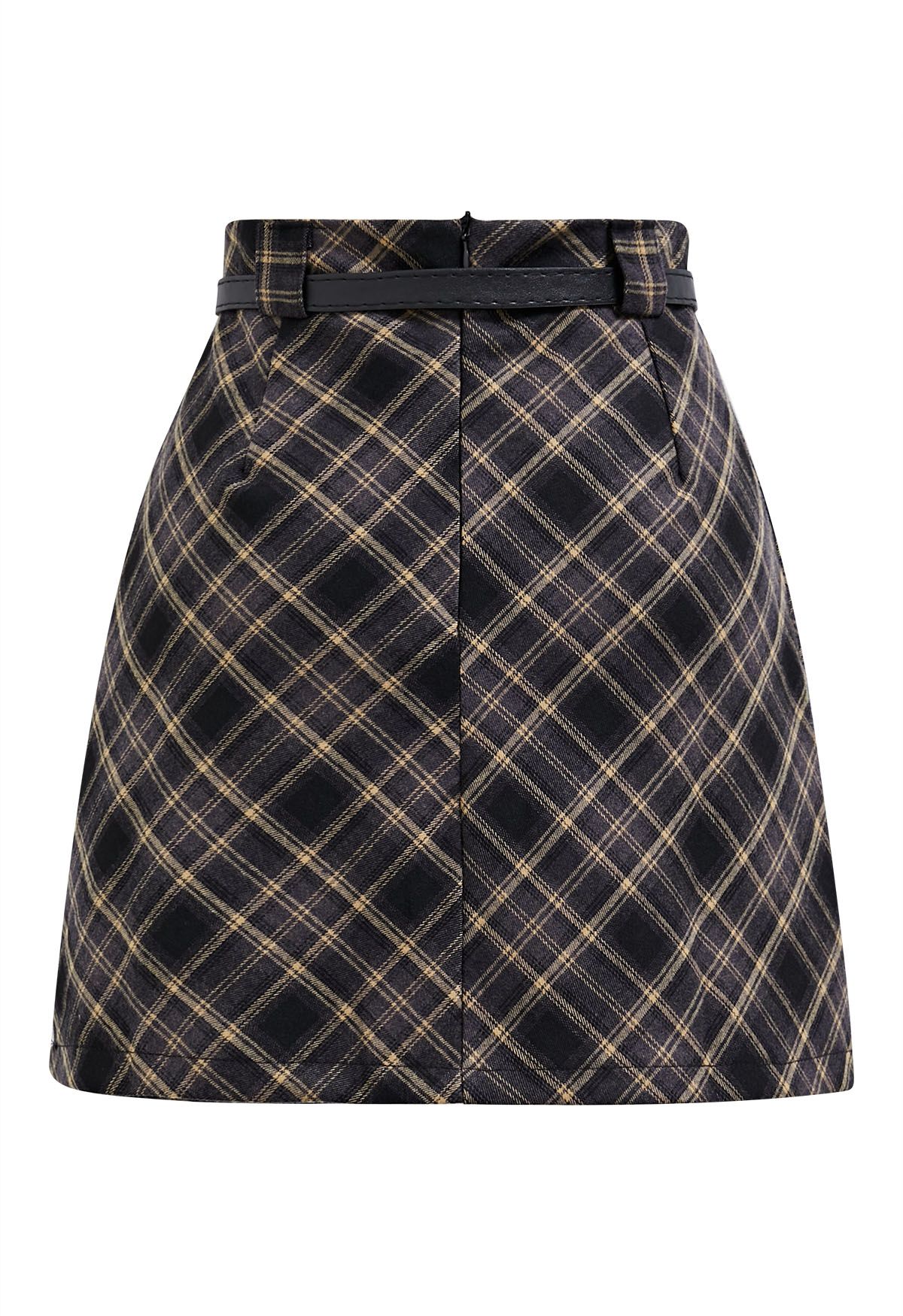 Darling Plaid Belted Mini Skirt in Black