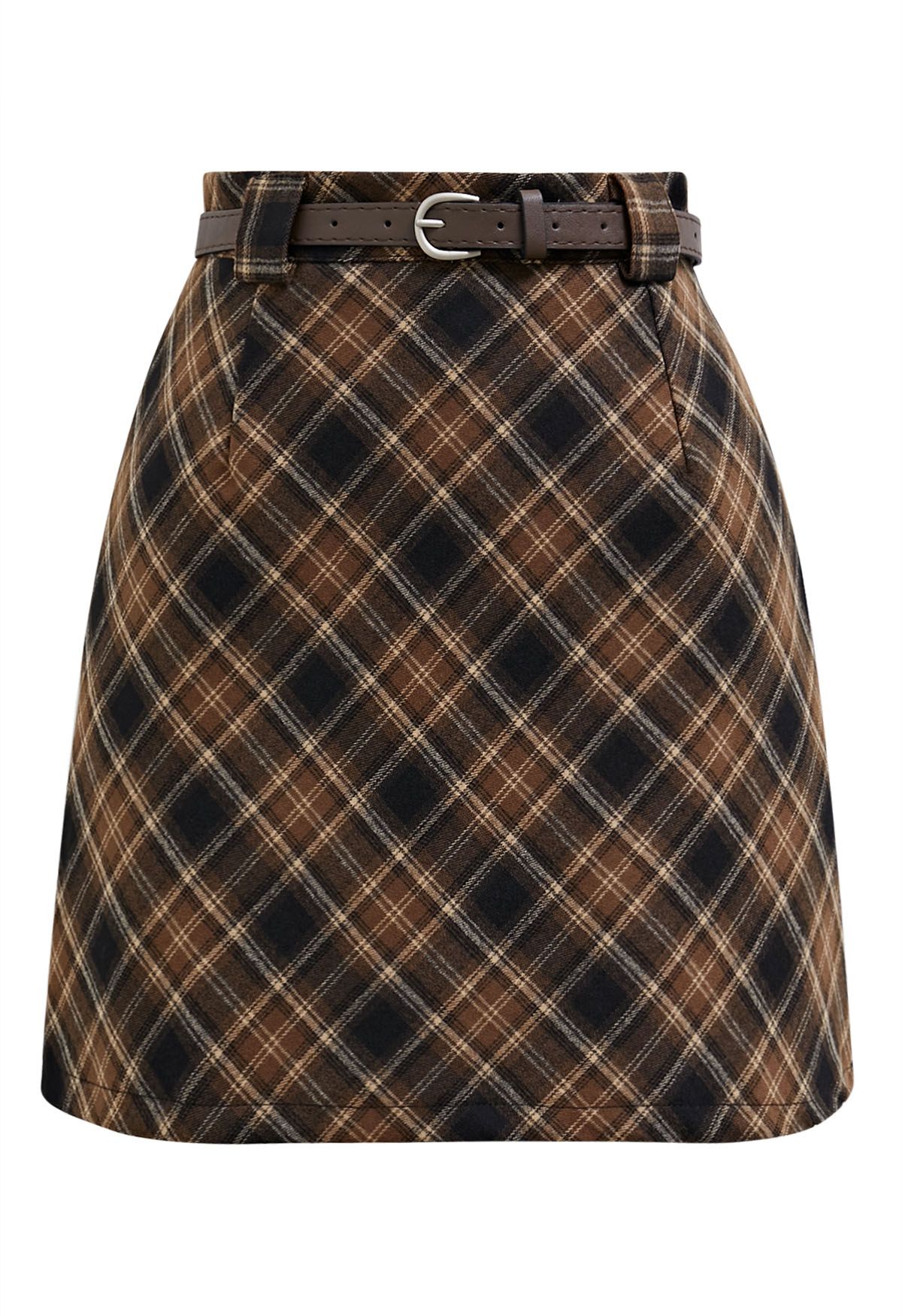 Darling Plaid Belted Mini Skirt in Brown