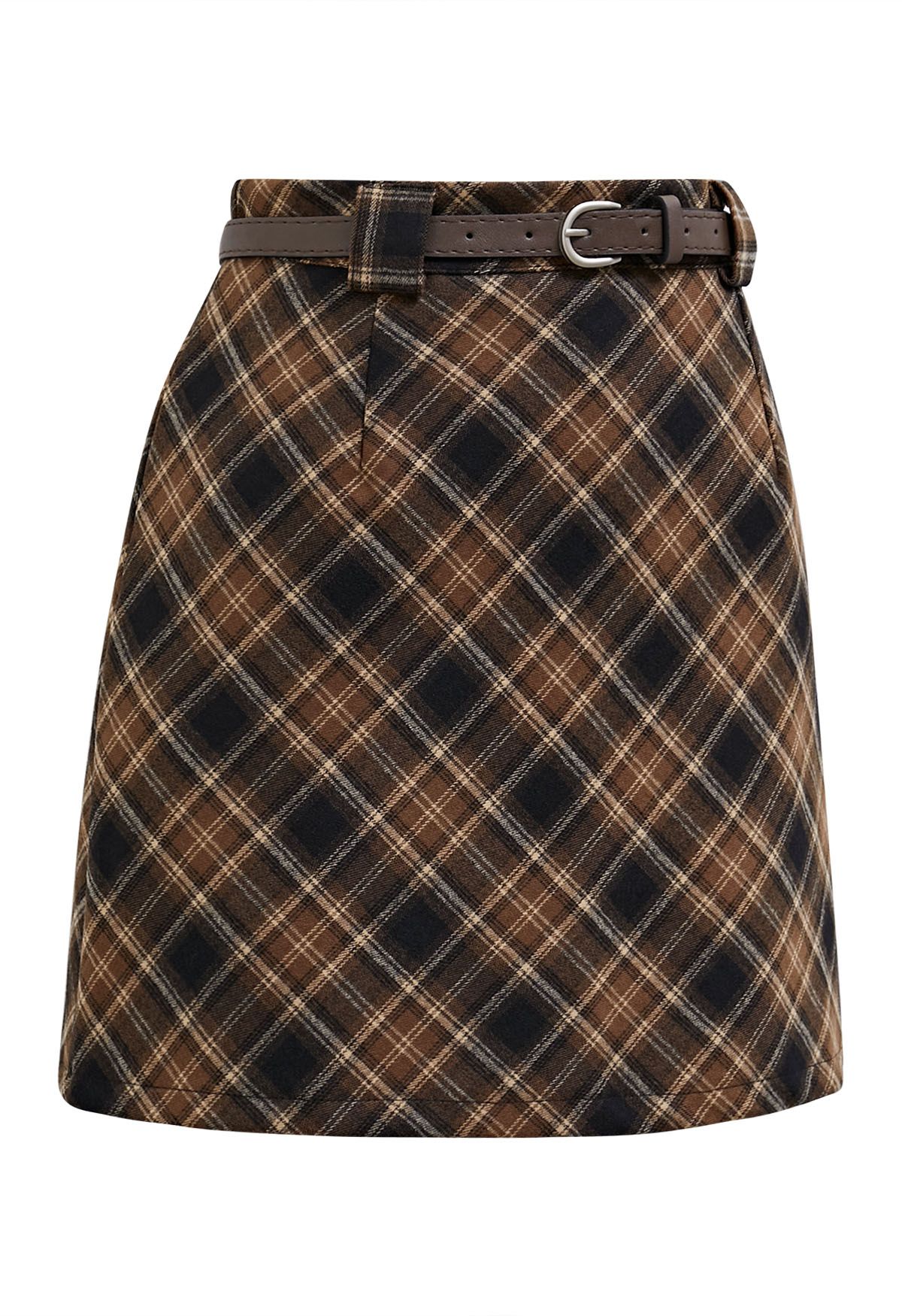 Darling Plaid Belted Mini Skirt in Brown