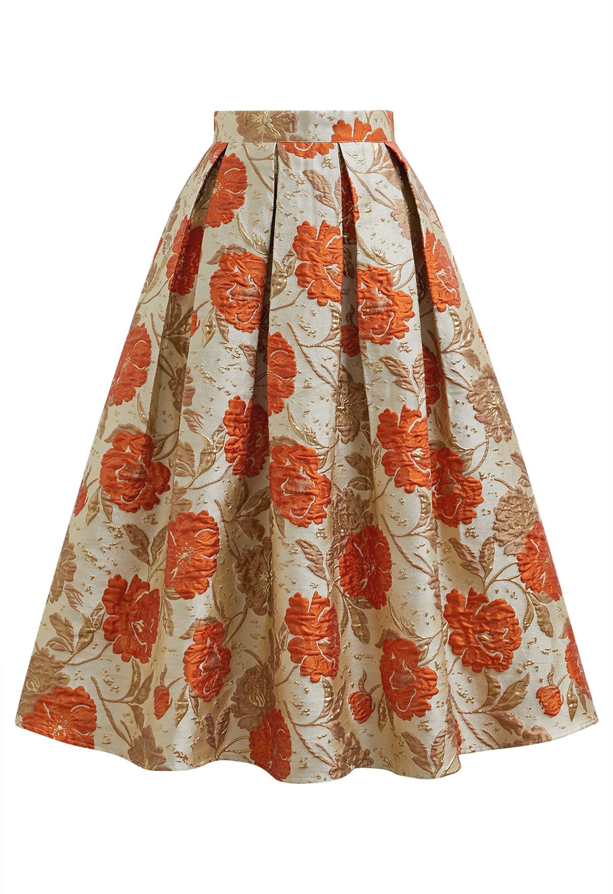 Ornate Floral Jacquard Pleated Flare Midi Skirt in Orange