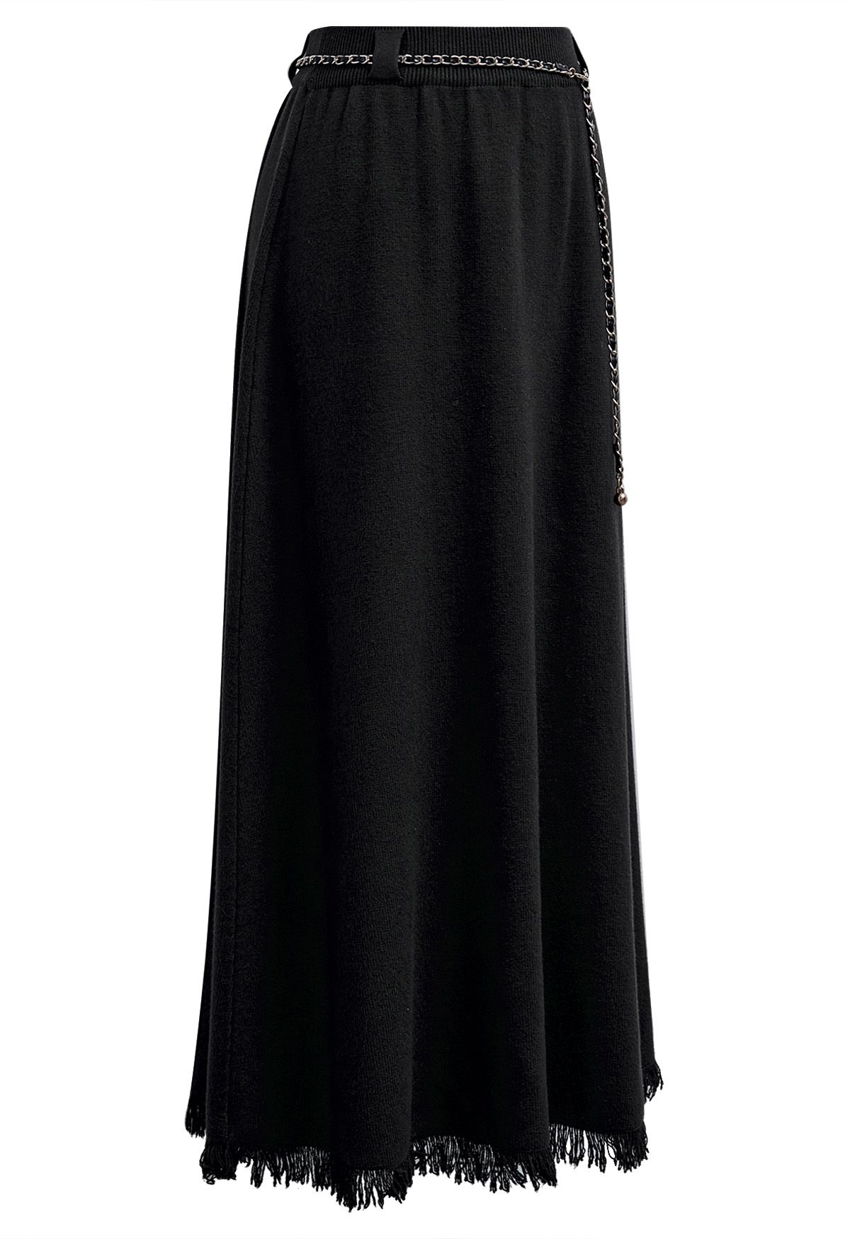 Chain Belt Fringe Hem Knit Maxi Skirt in Black